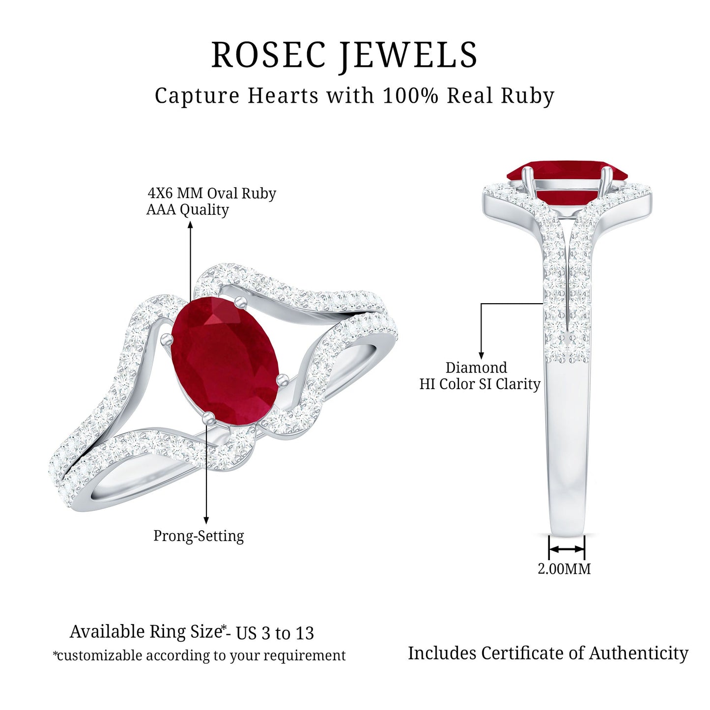 Natural 0.6 Carat Ruby Oval Engagement Ring with Diamond Split Shank