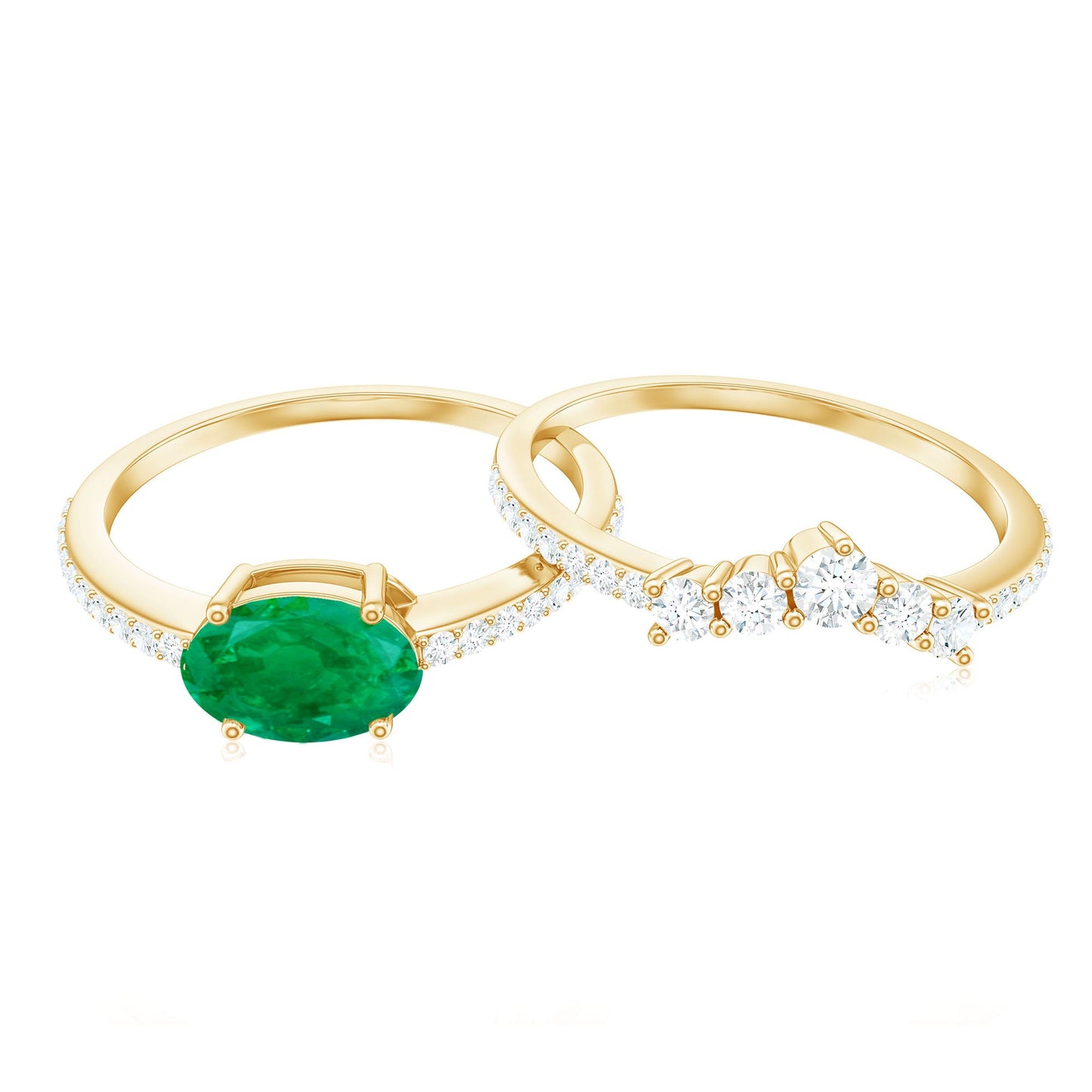 Natural Oval Emerald Diamond East West Engagement Ring and Wedding Band Set