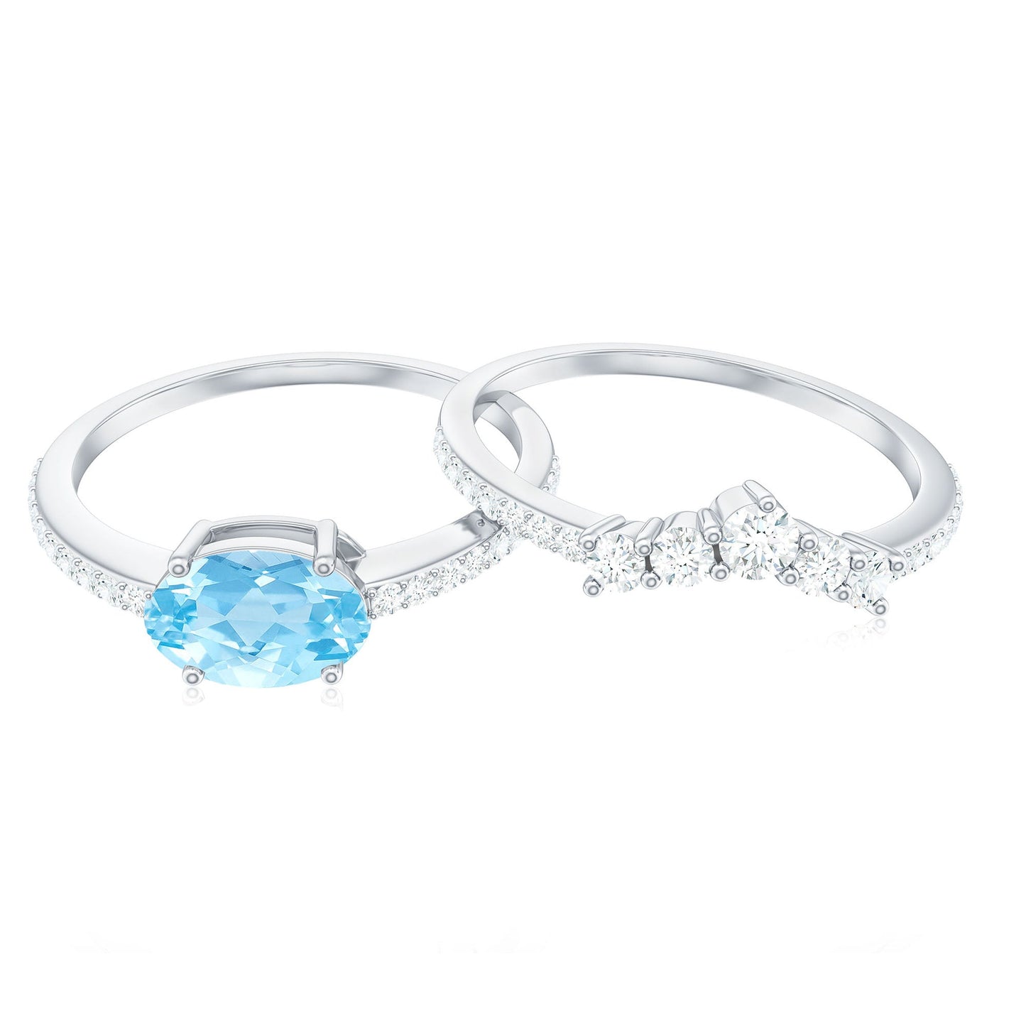 Real Oval Aquamarine Diamond East West Engagement Ring and Wedding Band Set