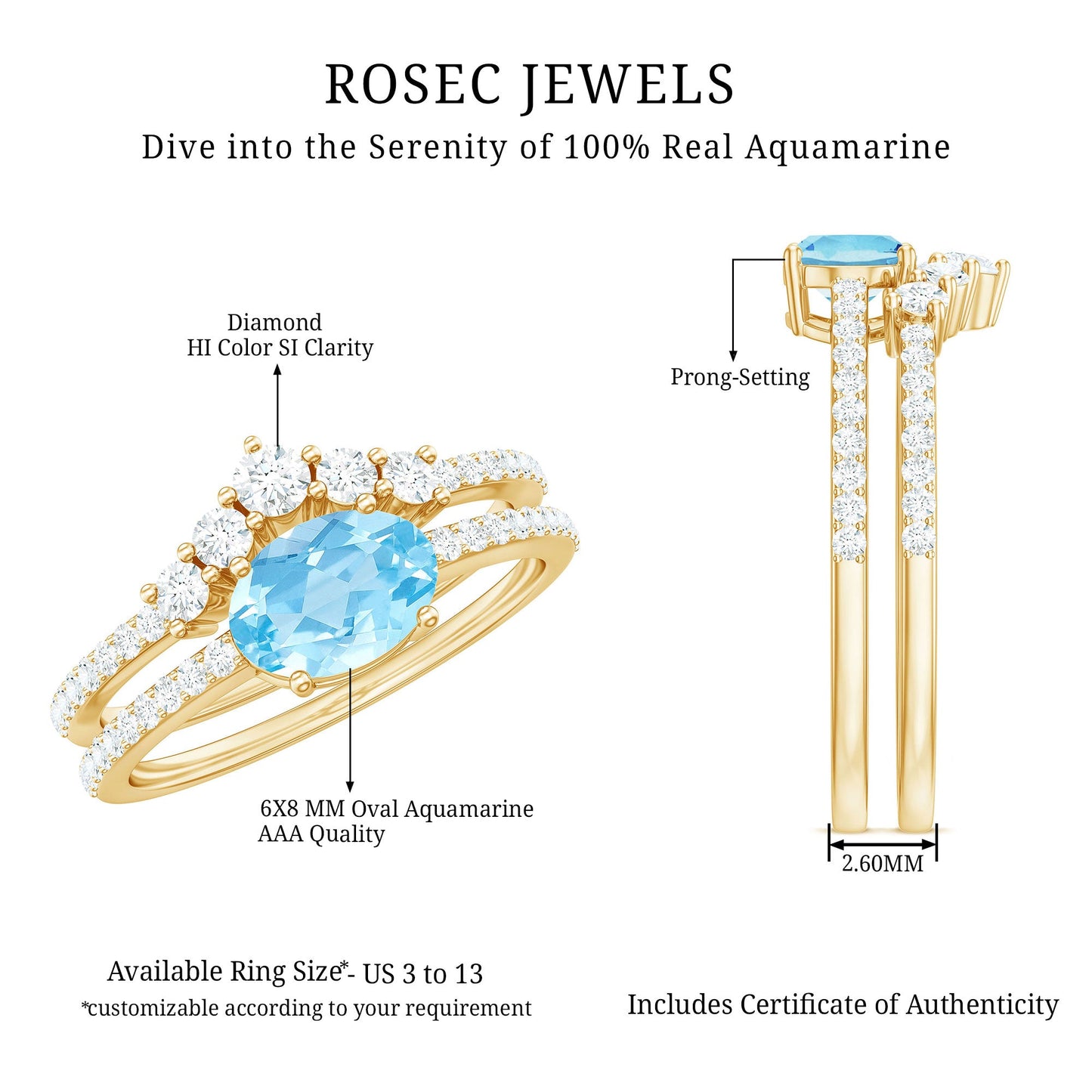 Real Oval Aquamarine Diamond East West Engagement Ring and Wedding Band Set