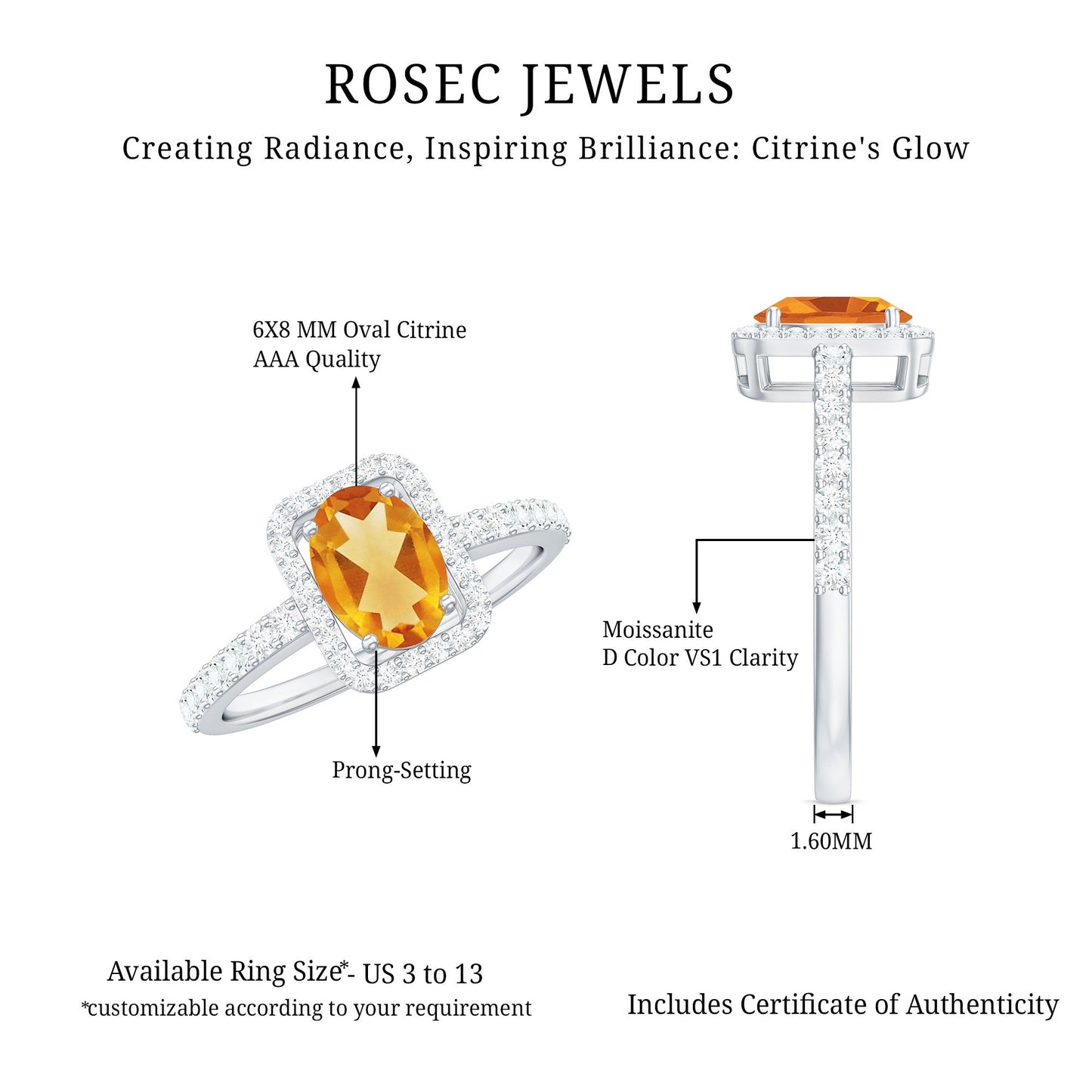 Real 1 Carat Citrine Oval Engagement Ring with Diamond Halo