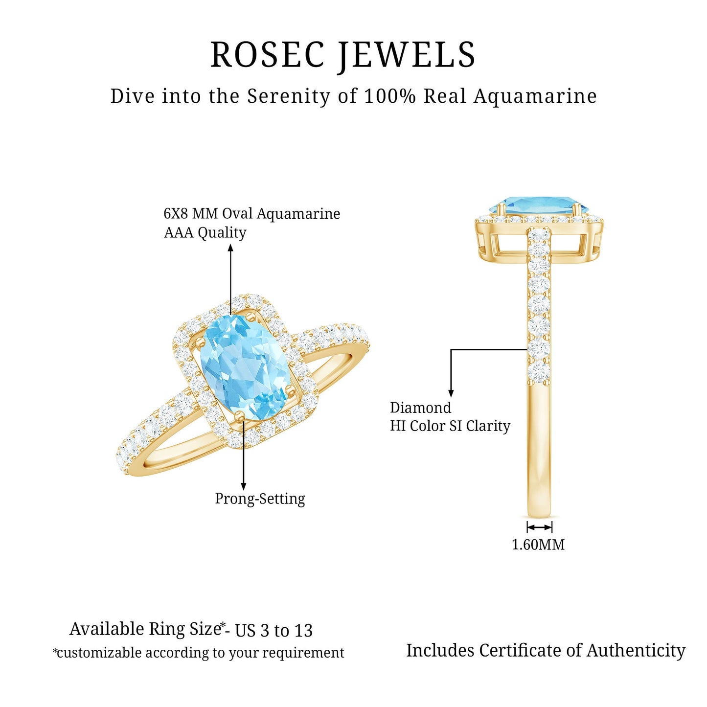 Certified Real Aquamarine Oval Engagement Ring with Diamond Halo