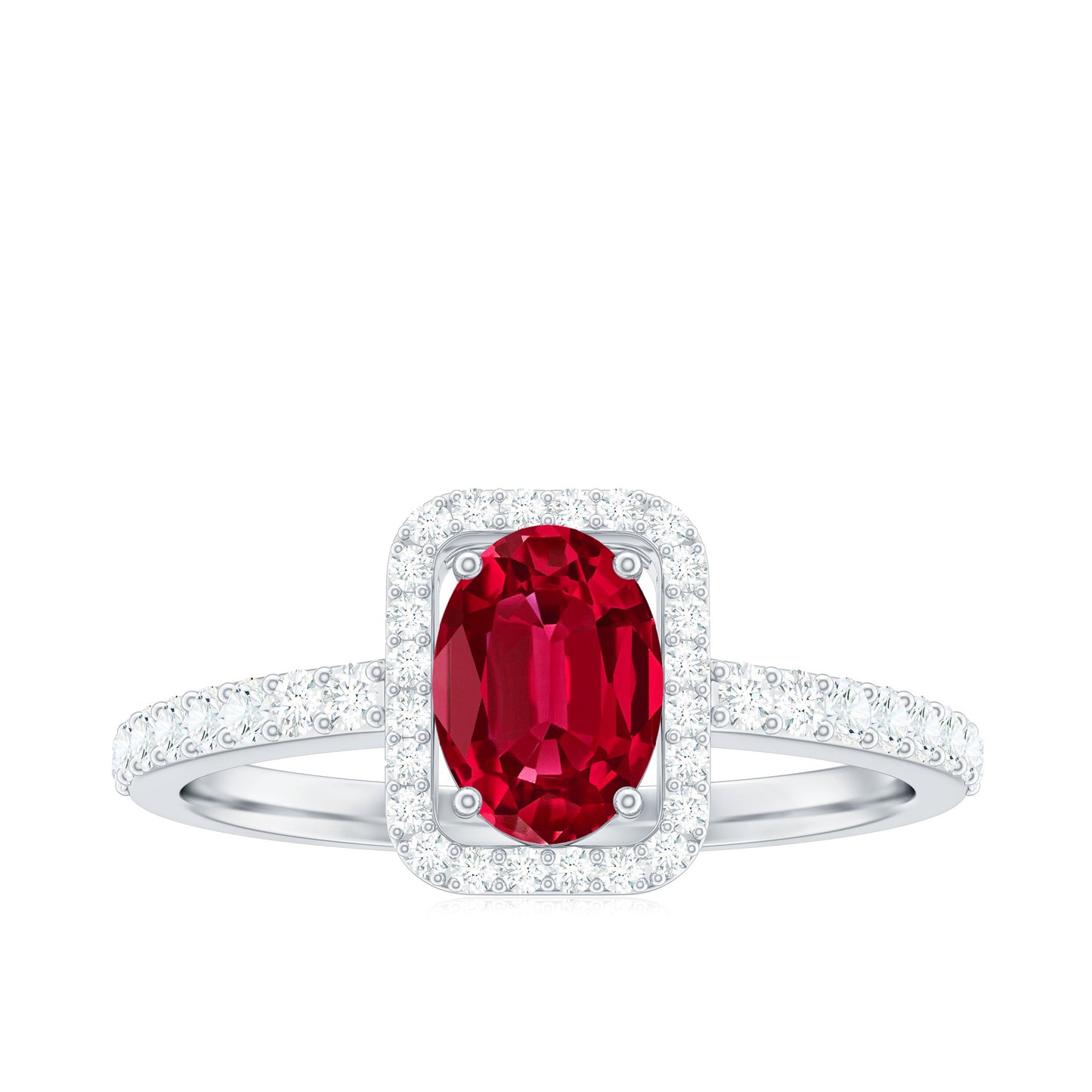 Oval Cut Lab Created Ruby and Diamond Halo Engagement Ring