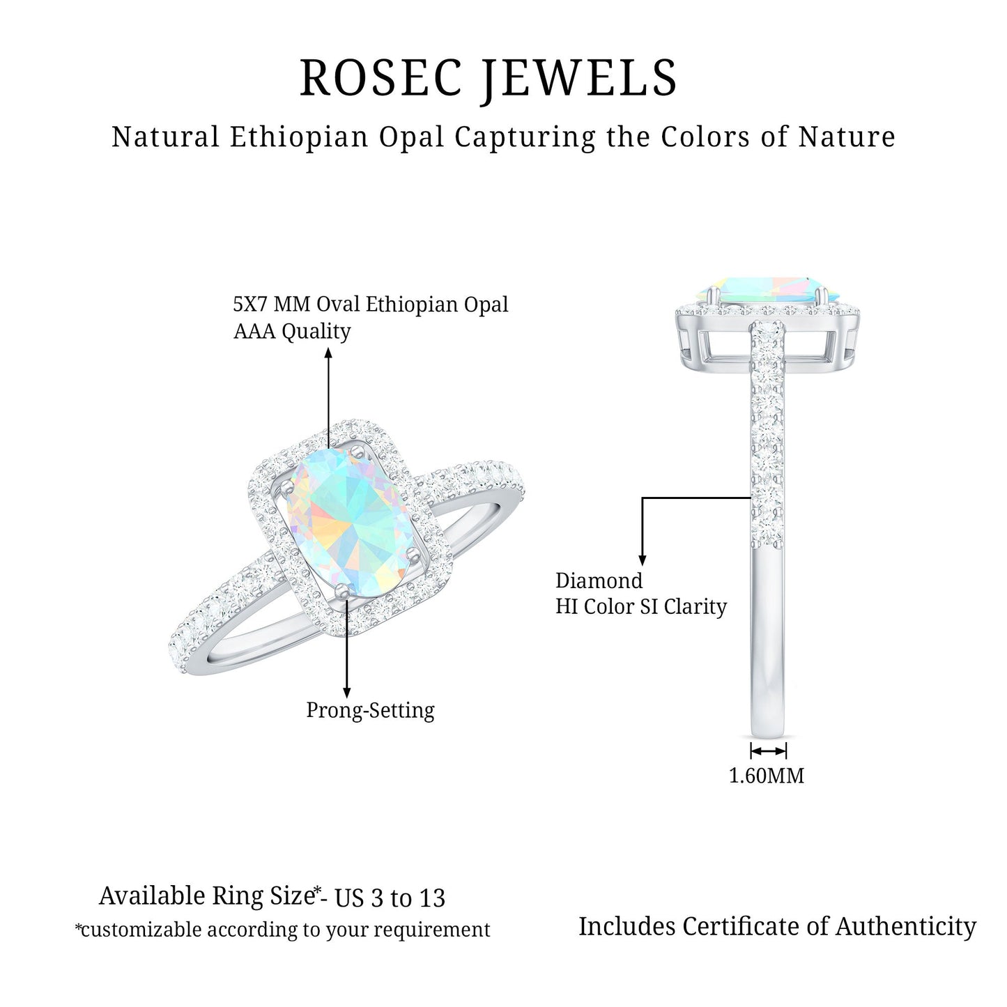 Classic Ethiopian Opal Oval Engagement Ring with Diamond Halo