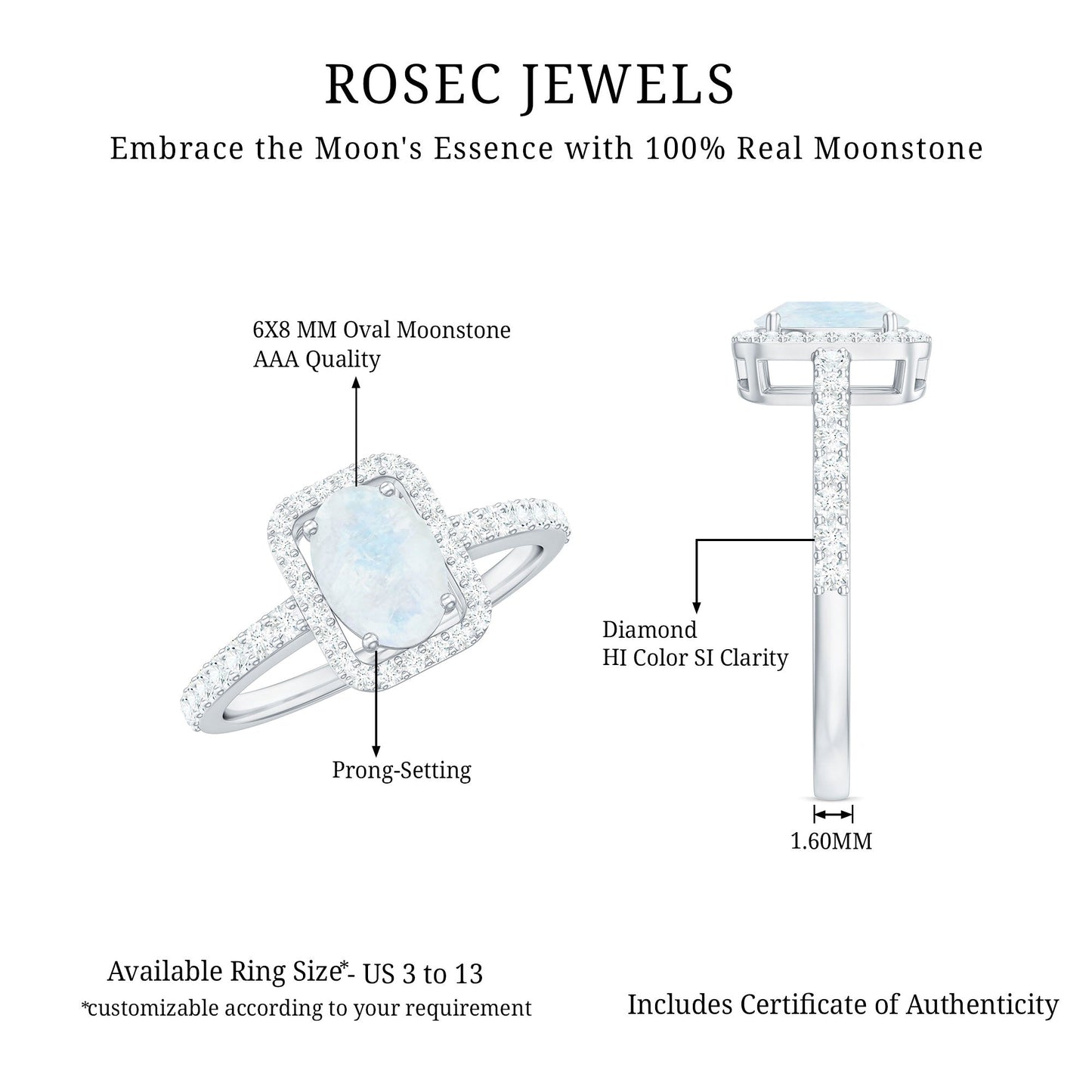0.6 Carat Oval Cut Moonstone Ring with Diamond Halo