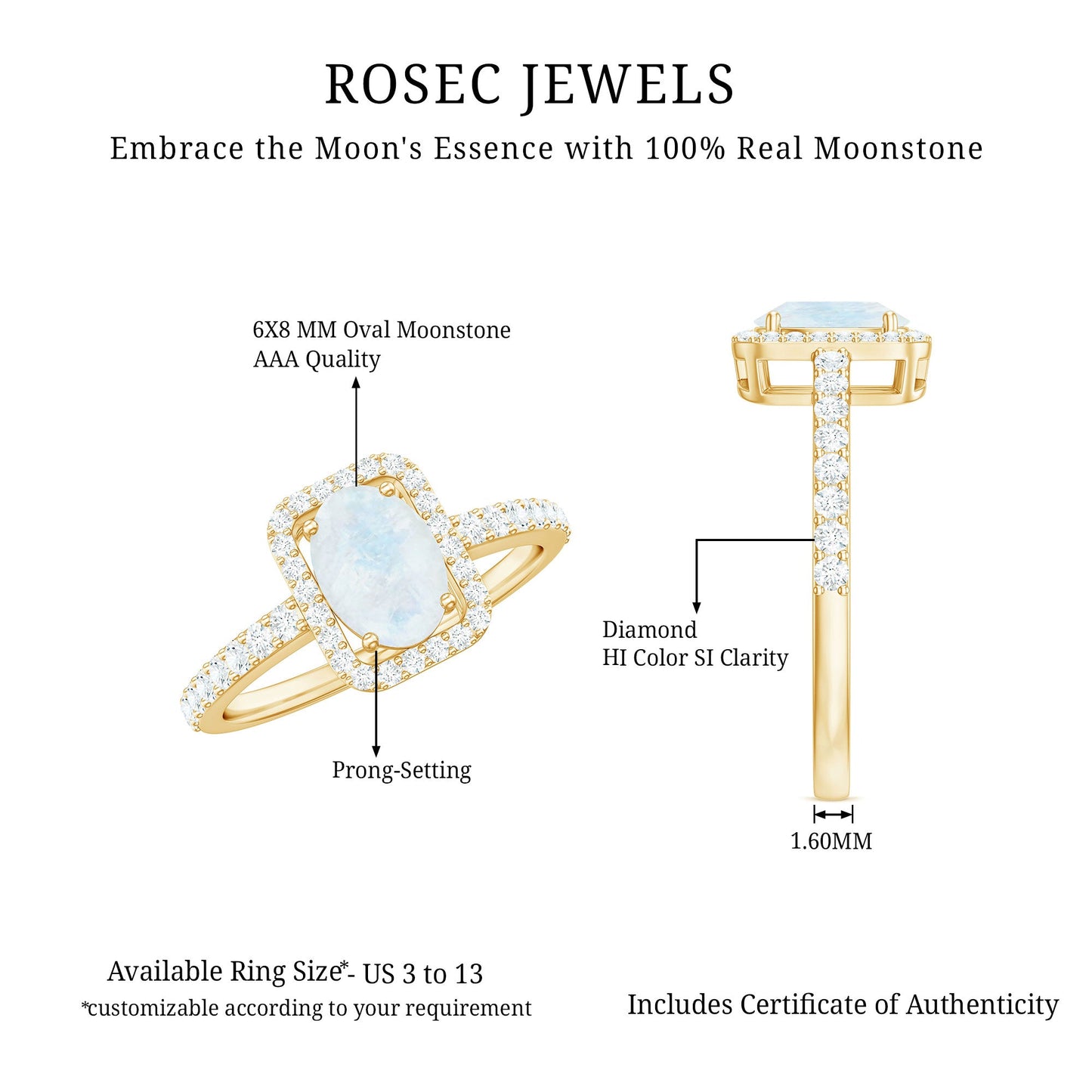 0.6 Carat Oval Cut Moonstone Ring with Diamond Halo