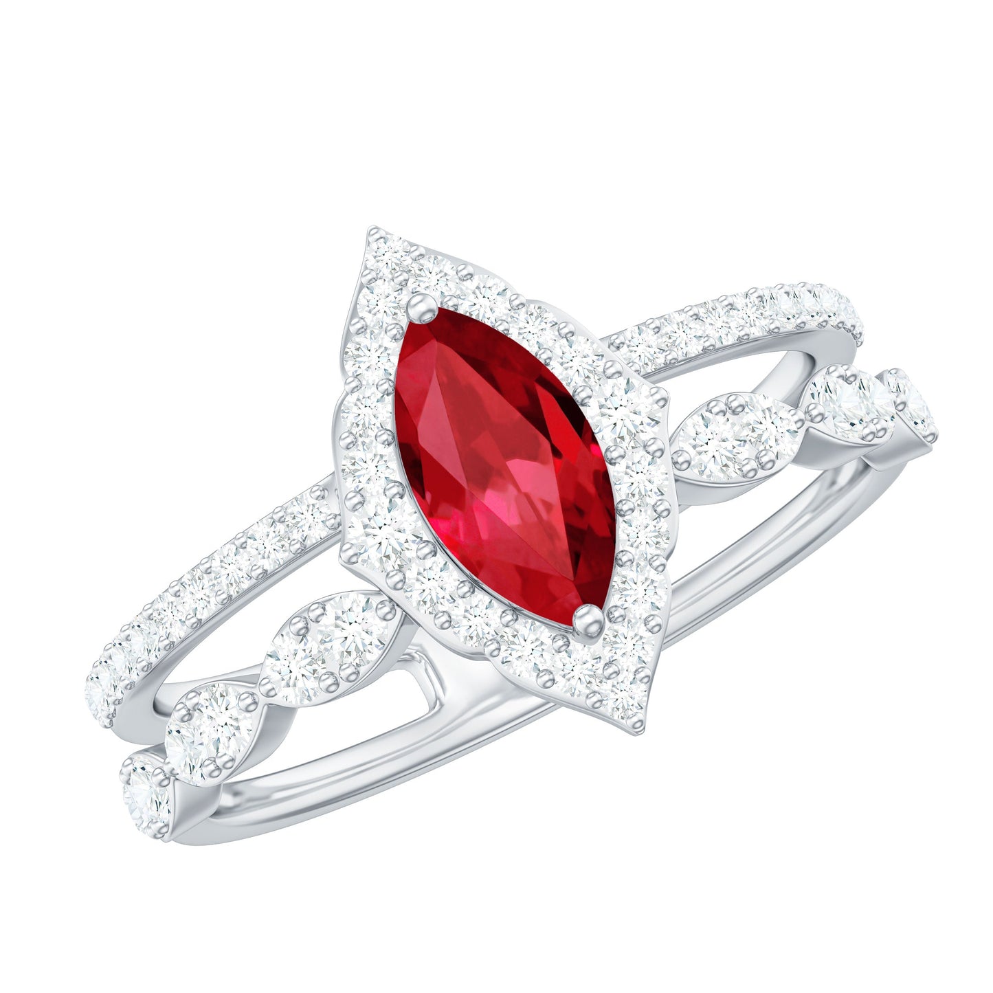 Vintage Inspired Lab Ruby and Diamond Double Band Engagement Ring