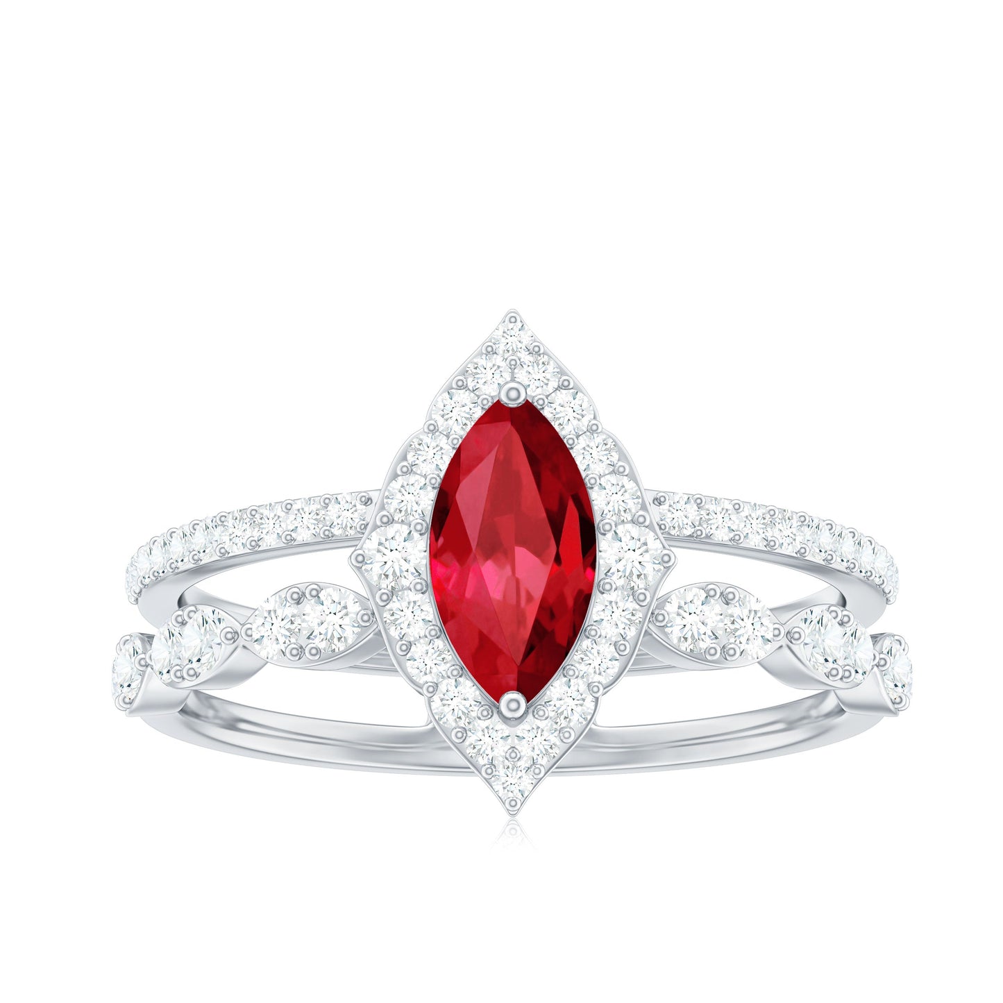 Vintage Inspired Lab Ruby and Diamond Double Band Engagement Ring