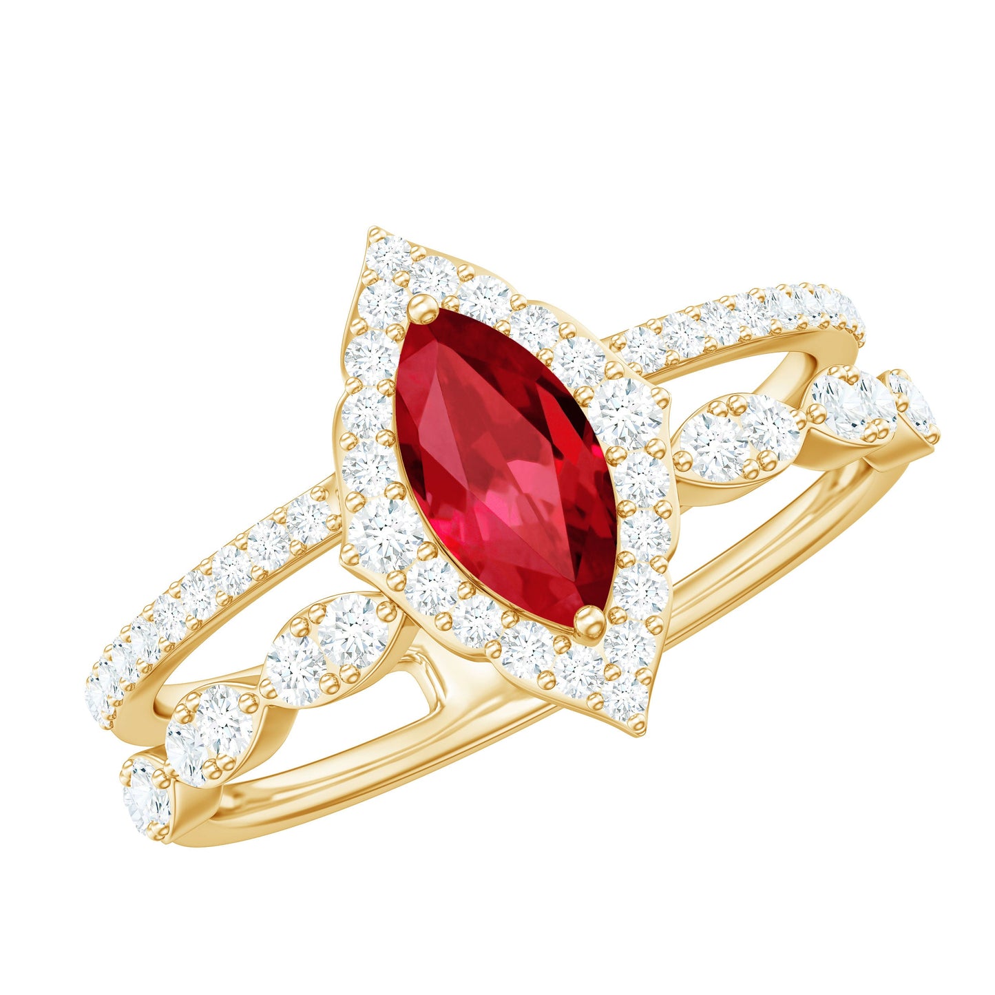 Vintage Inspired Lab Ruby and Diamond Double Band Engagement Ring