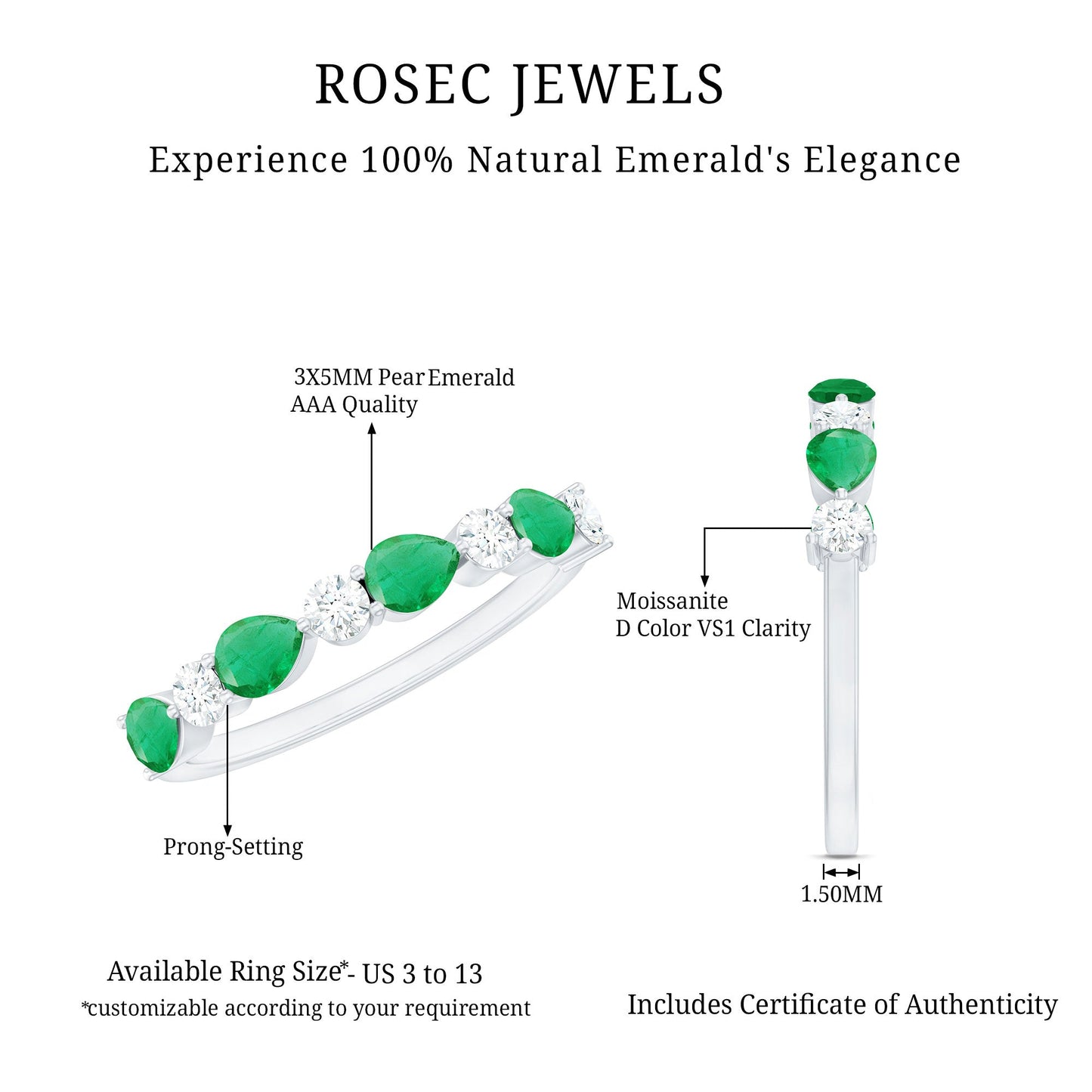 Pear Shape Emerald and Diamond Half Eternity Ring in East West Style