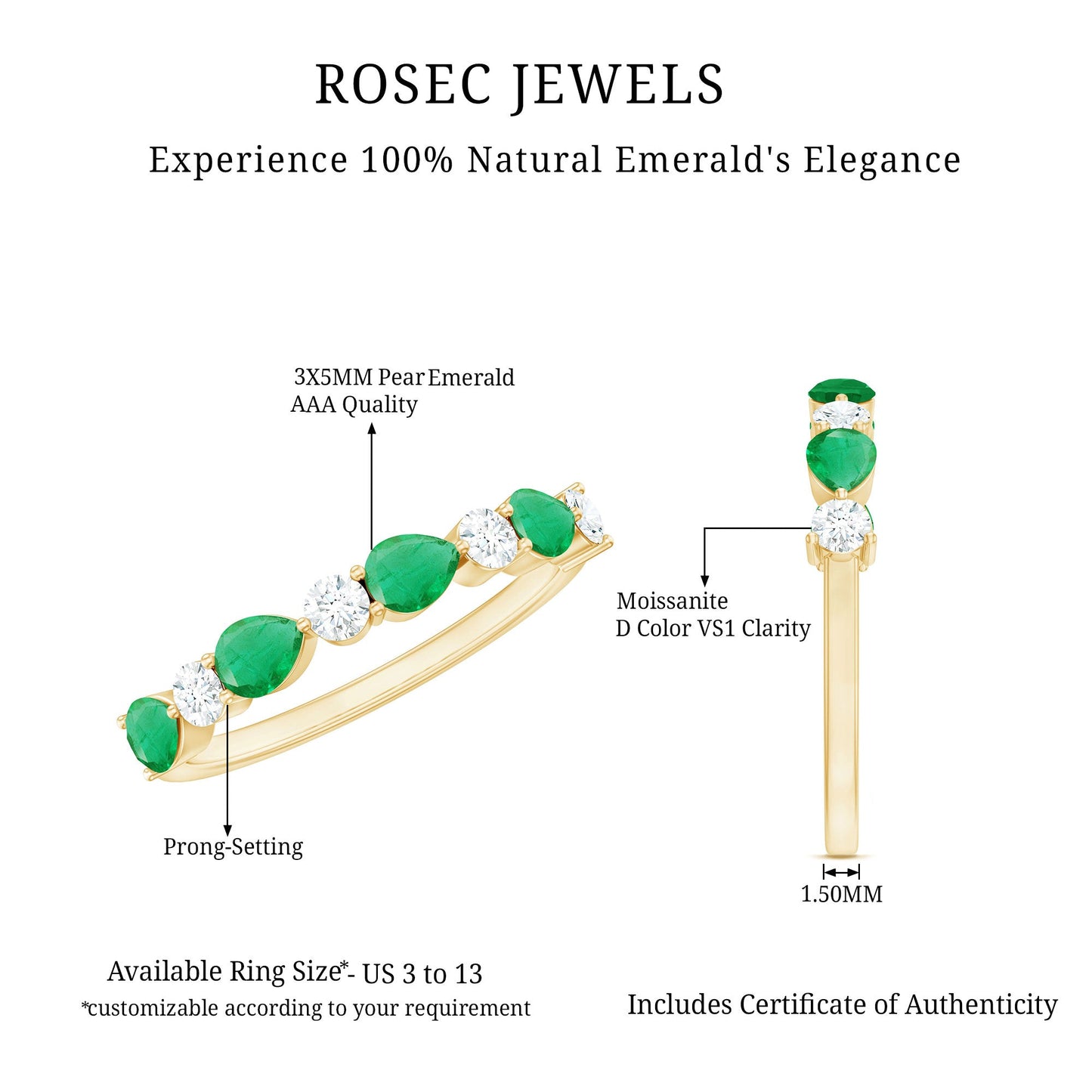 Pear Shape Emerald and Diamond Half Eternity Ring in East West Style