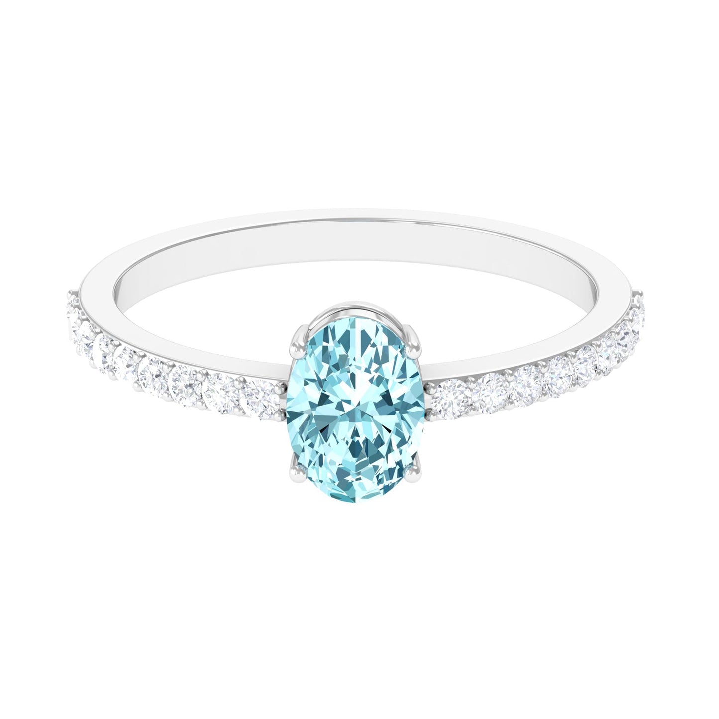 Genuine 1 Carat Solitaire Aquamarine Oval Engagement Ring with Diamond