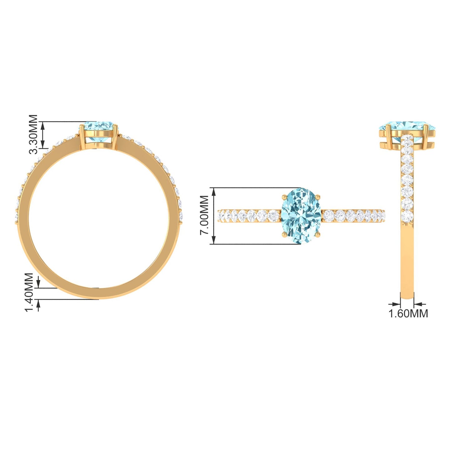 Genuine 1 Carat Solitaire Aquamarine Oval Engagement Ring with Diamond