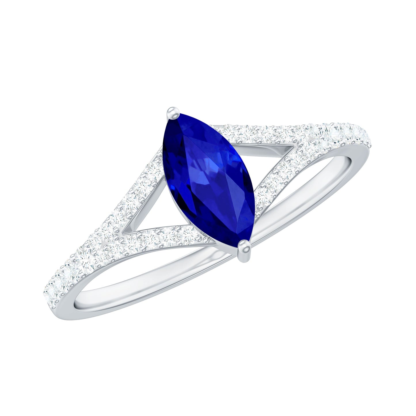 Certified 0.75 Carat Lab Grown Blue Sapphire Marquise Engagement Ring with Diamond Split Shank