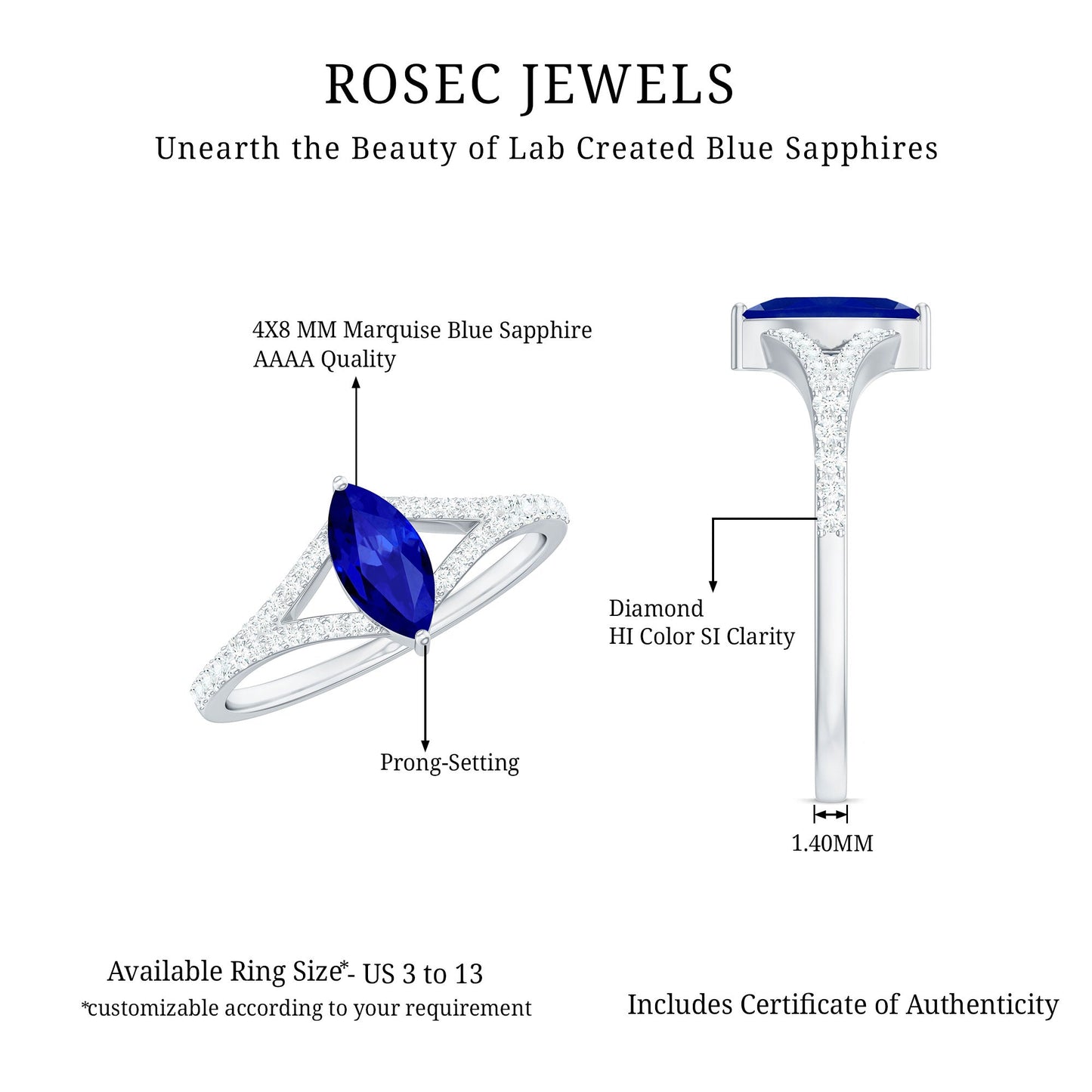 Certified 0.75 Carat Lab Grown Blue Sapphire Marquise Engagement Ring with Diamond Split Shank