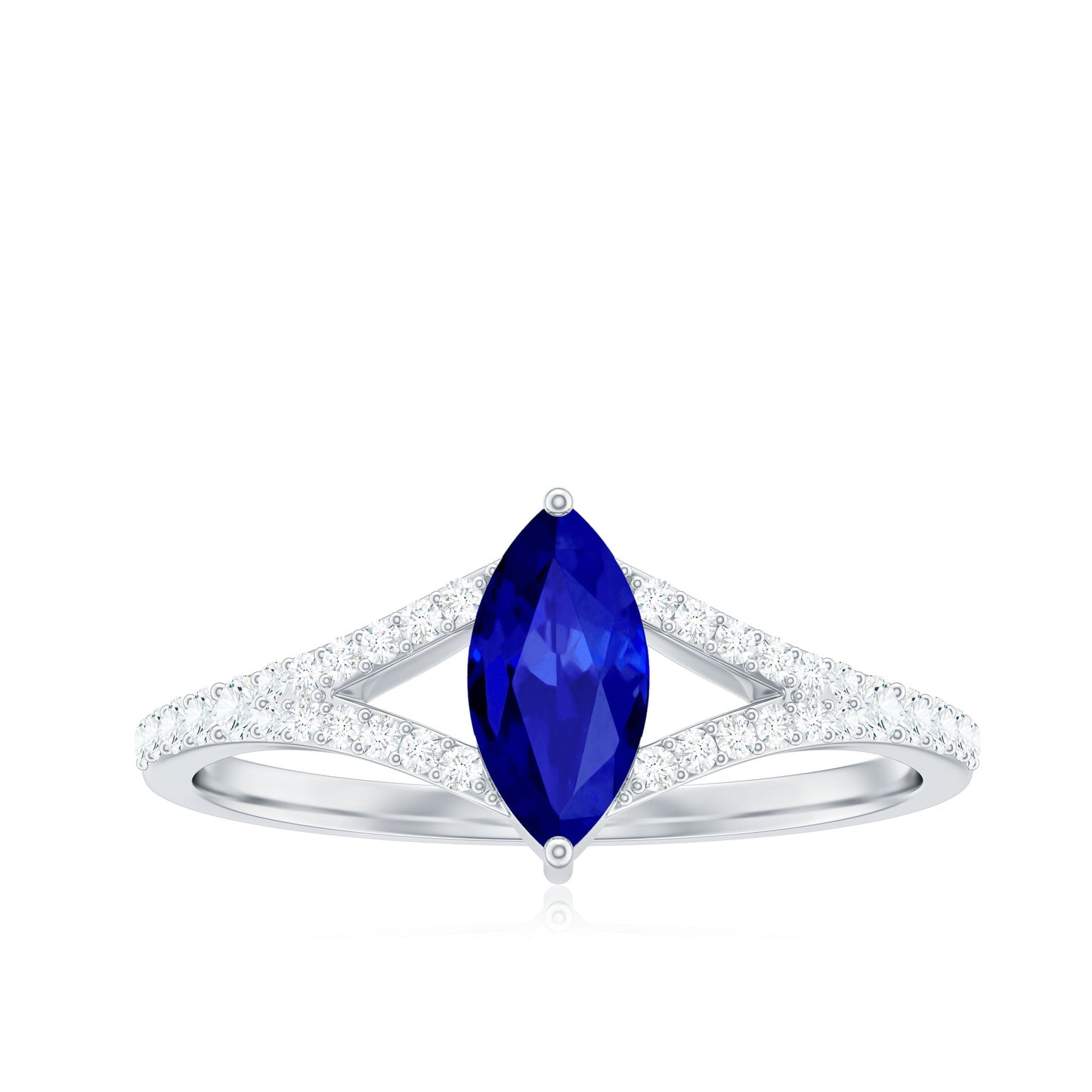 Certified 0.75 Carat Lab Grown Blue Sapphire Marquise Engagement Ring with Diamond Split Shank