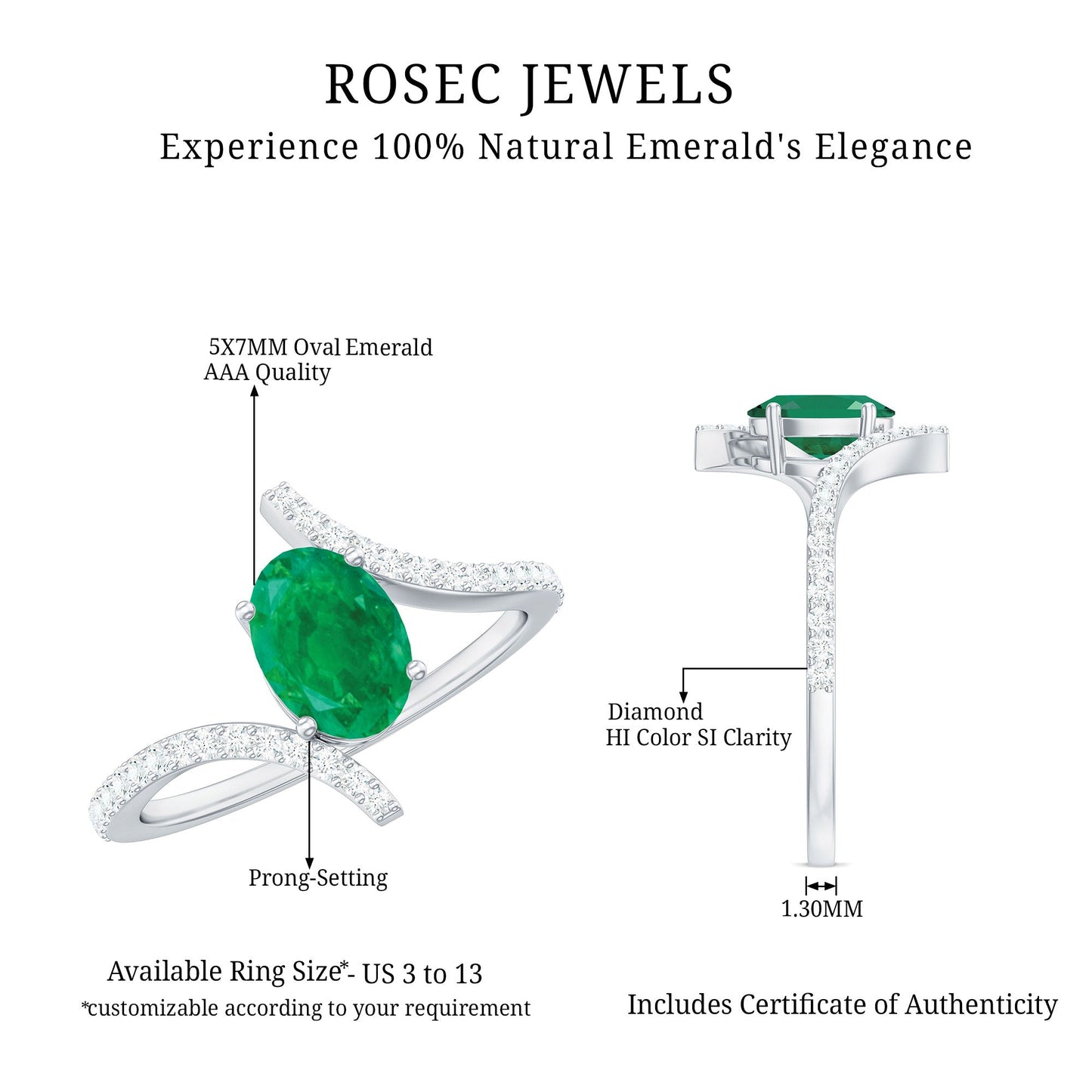 Oval Shaped Emerald Bypass Engagement Ring with Diamonds