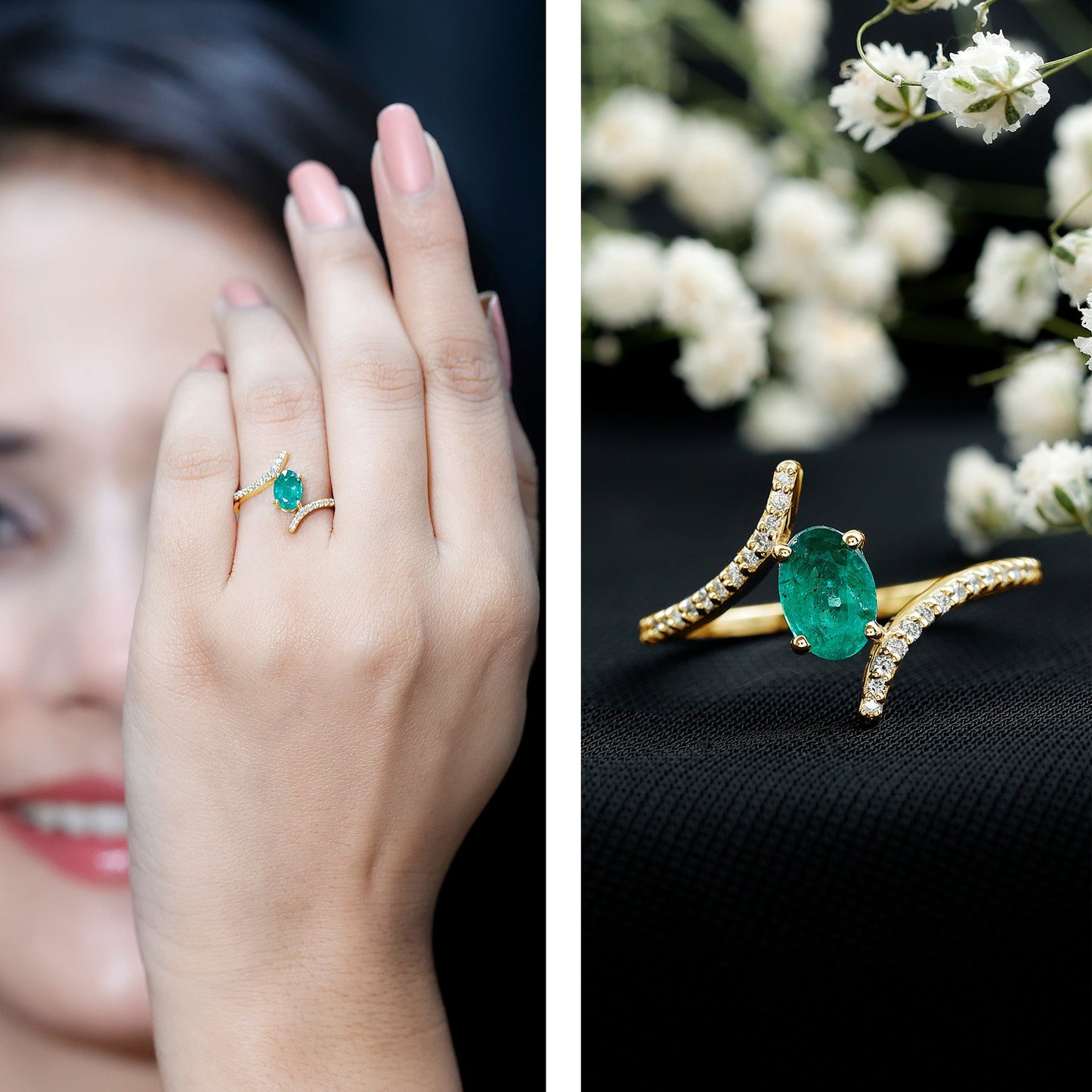 Oval Shaped Emerald Bypass Engagement Ring with Diamonds