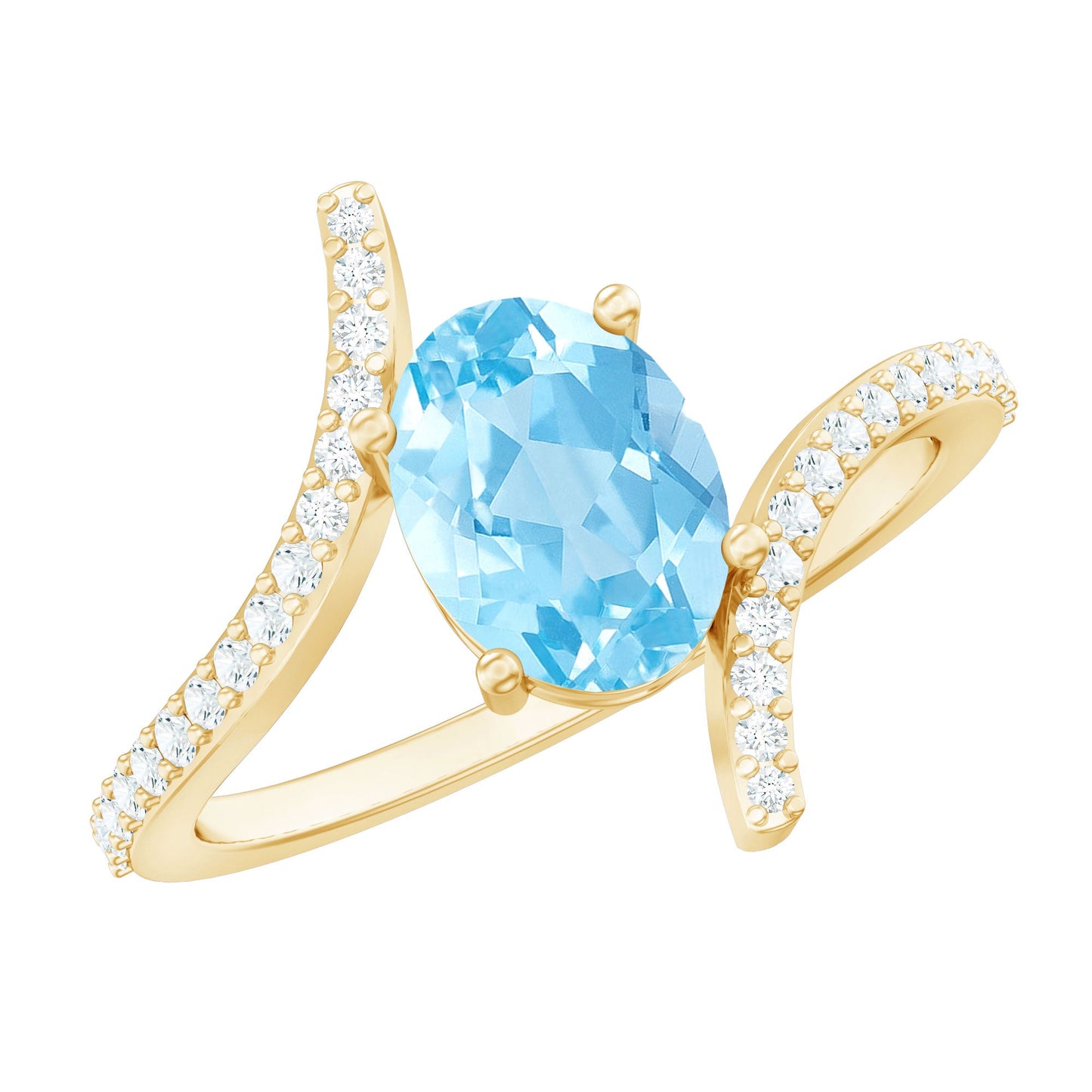 Real 1 Carat Aquamarine Oval Engagement Ring with Diamond Bypass Shank