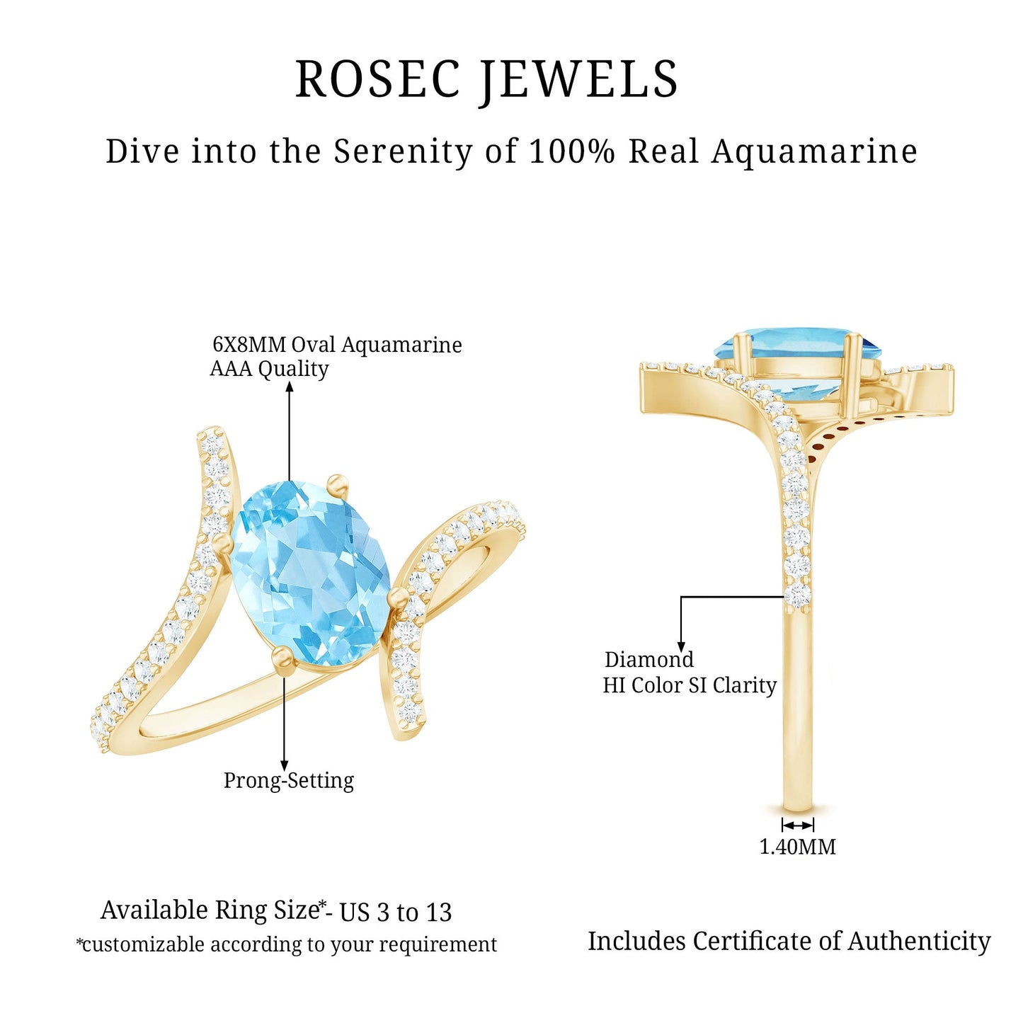 Real 1 Carat Aquamarine Oval Engagement Ring with Diamond Bypass Shank