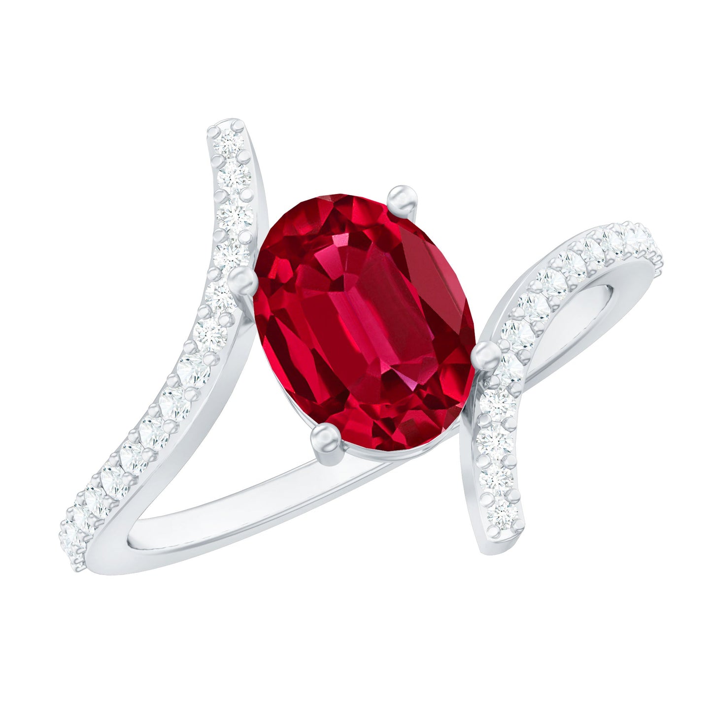 Oval Lab Created Ruby and Diamond Bypass Engagement Ring
