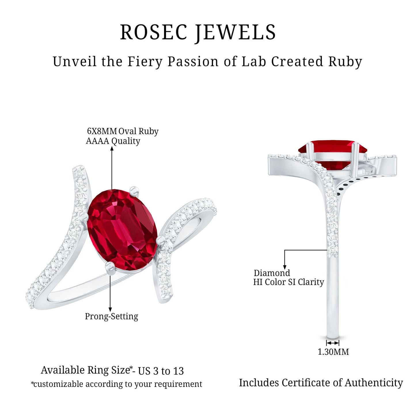 Oval Lab Created Ruby and Diamond Bypass Engagement Ring