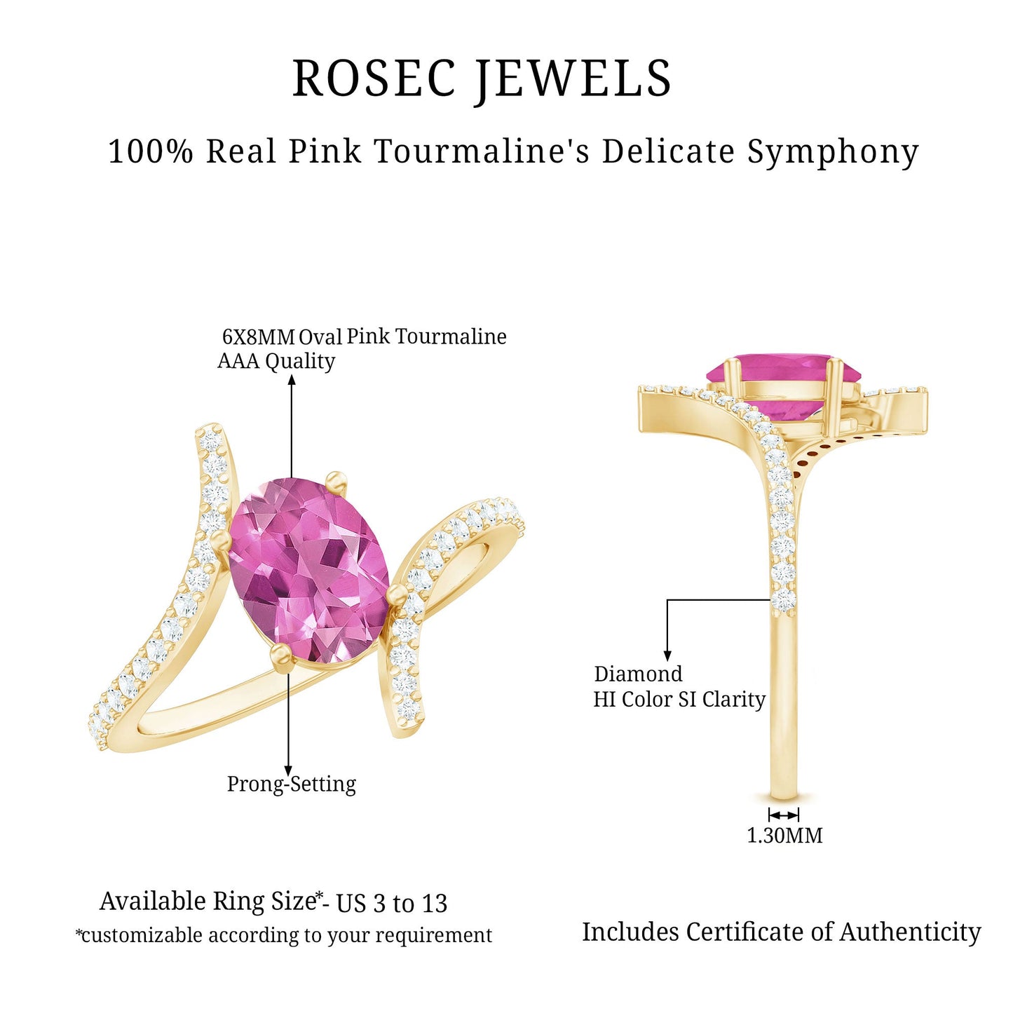 Oval Pink Tourmaline Solitaire Bypass Ring with Diamond