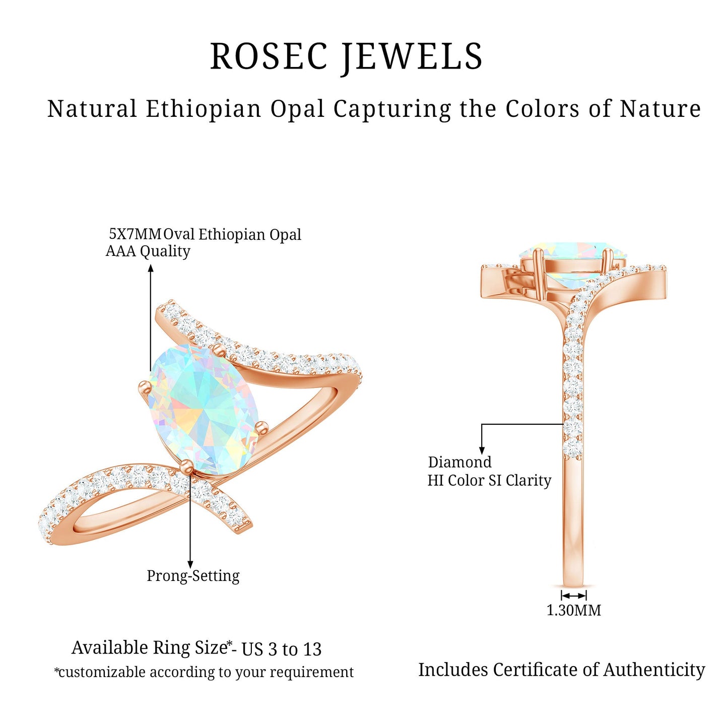 Natural Ethiopian Opal Oval Engagement Ring with Diamond Bypass Shank