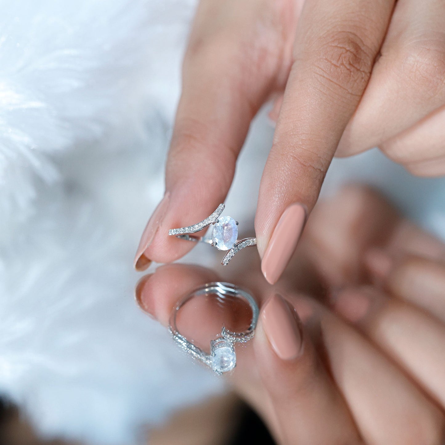 Oval Moonstone and Diamond Bypass Engagement Ring