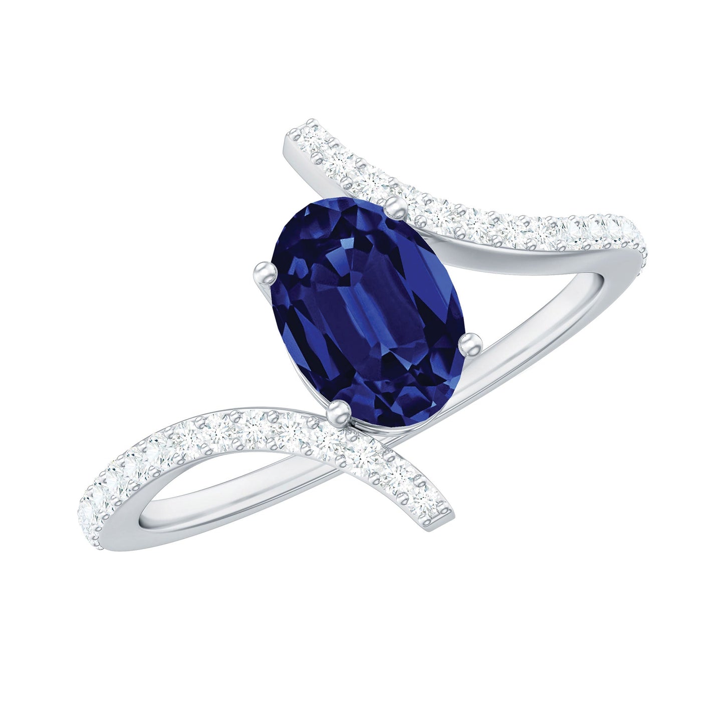 1 Carat Oval Cut Lab Created Blue Sapphire Bypass Solitaire Ring with Diamond