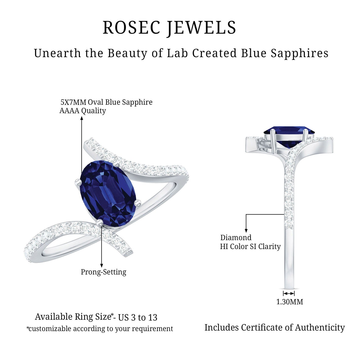 1 Carat Oval Cut Lab Created Blue Sapphire Bypass Solitaire Ring with Diamond