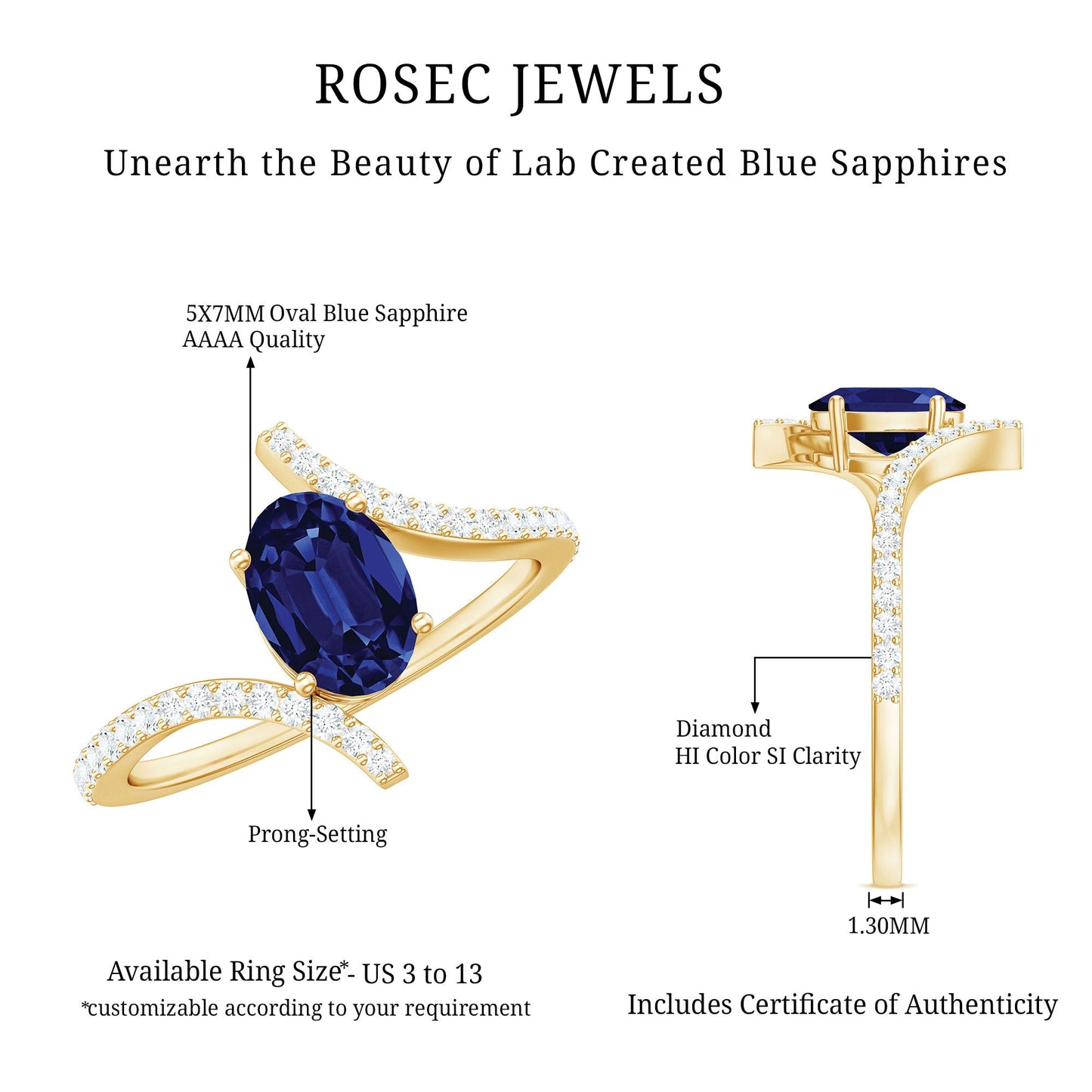 1 Carat Oval Cut Lab Created Blue Sapphire Bypass Solitaire Ring with Diamond