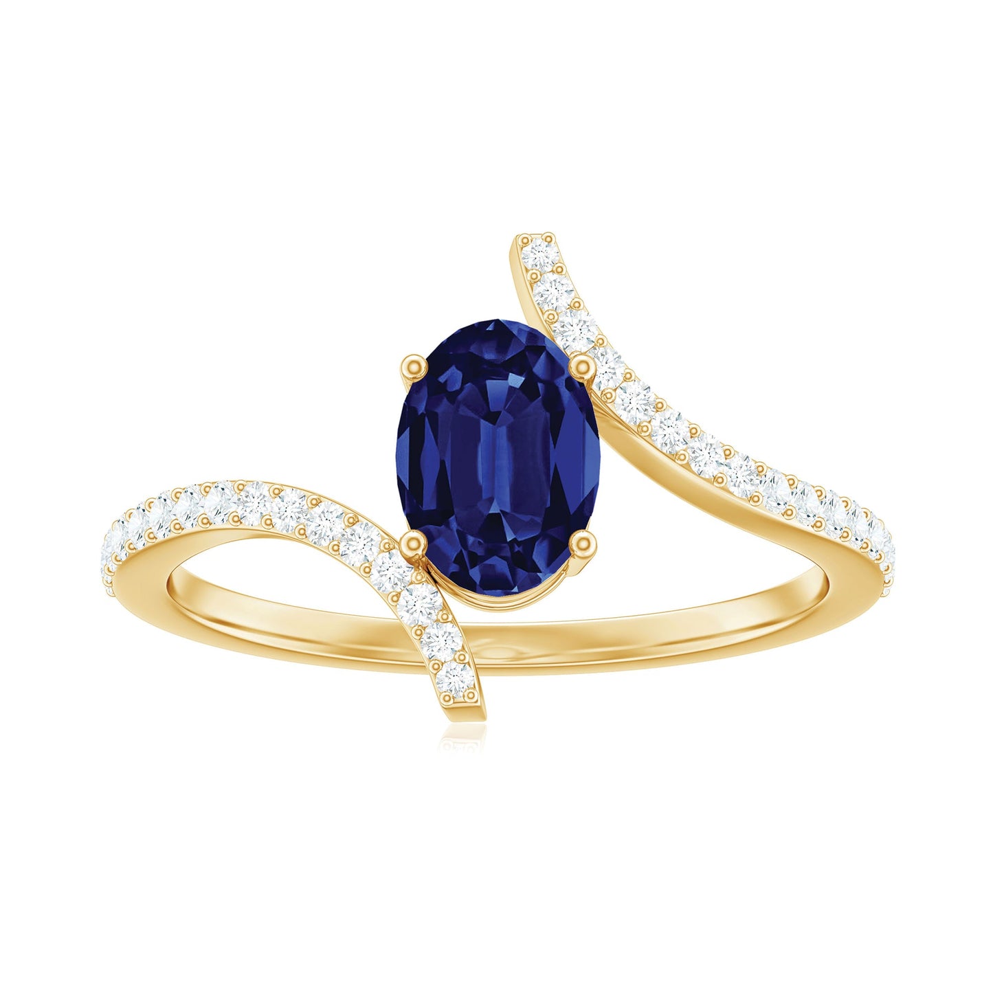 1 Carat Oval Cut Lab Created Blue Sapphire Bypass Solitaire Ring with Diamond