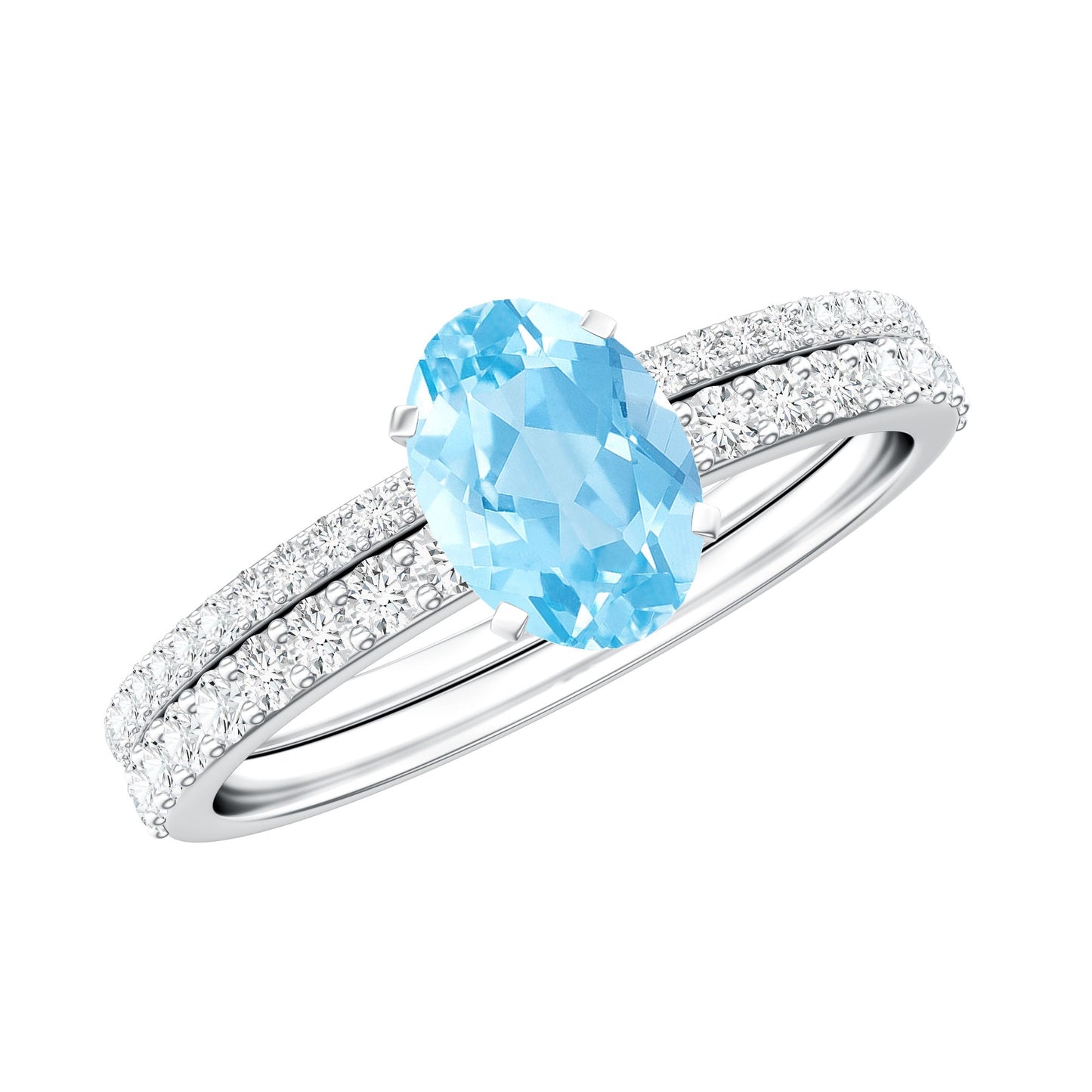 Natural Aquamarine Diamond Oval Engagement Ring with Wedding Band