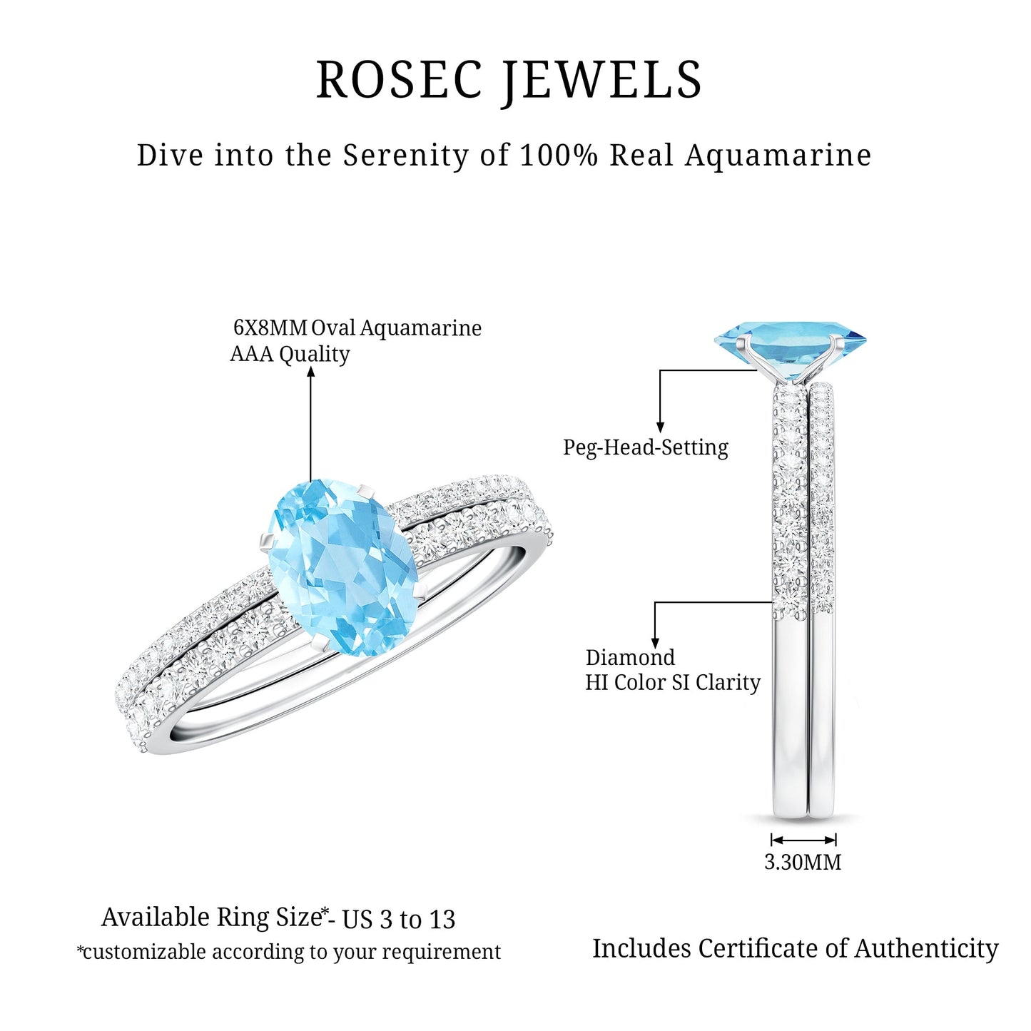 Natural Aquamarine Diamond Oval Engagement Ring with Wedding Band