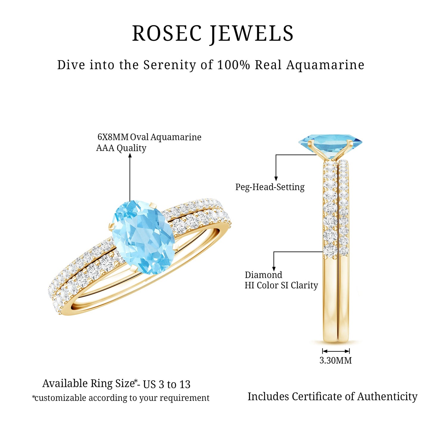 Natural Aquamarine Diamond Oval Engagement Ring with Wedding Band