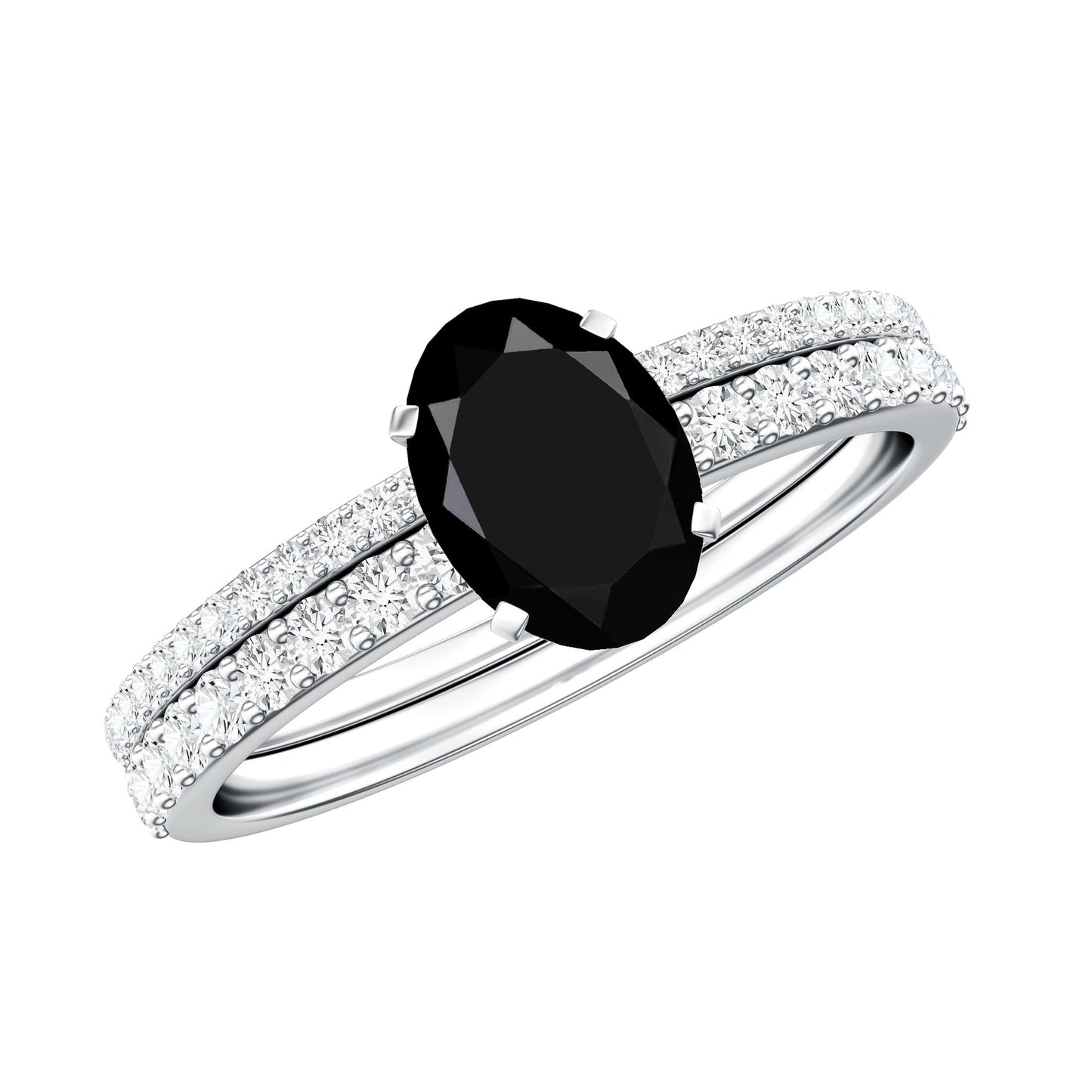 1 Carat Oval Cut Black Onyx Solitaire Rings Set with Diamond Wedding Band