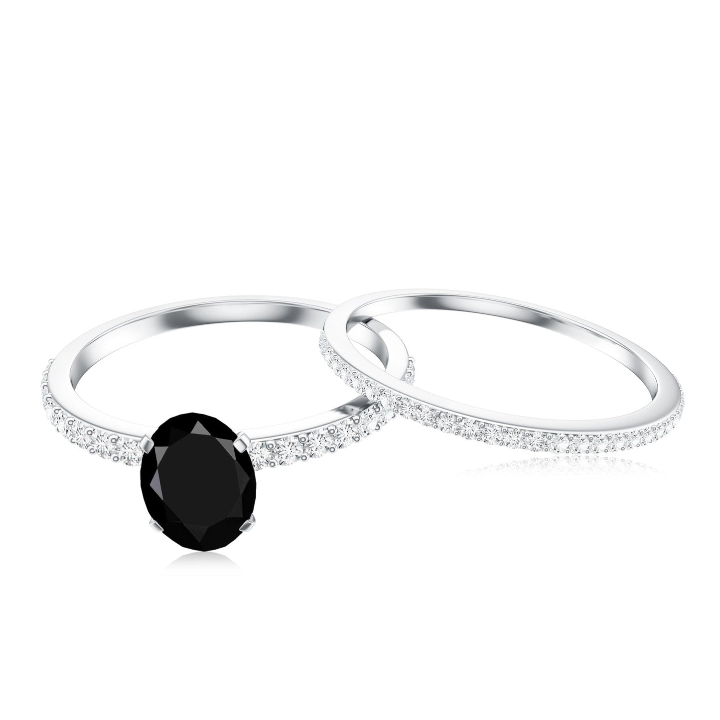 1 Carat Oval Cut Black Onyx Solitaire Rings Set with Diamond Wedding Band
