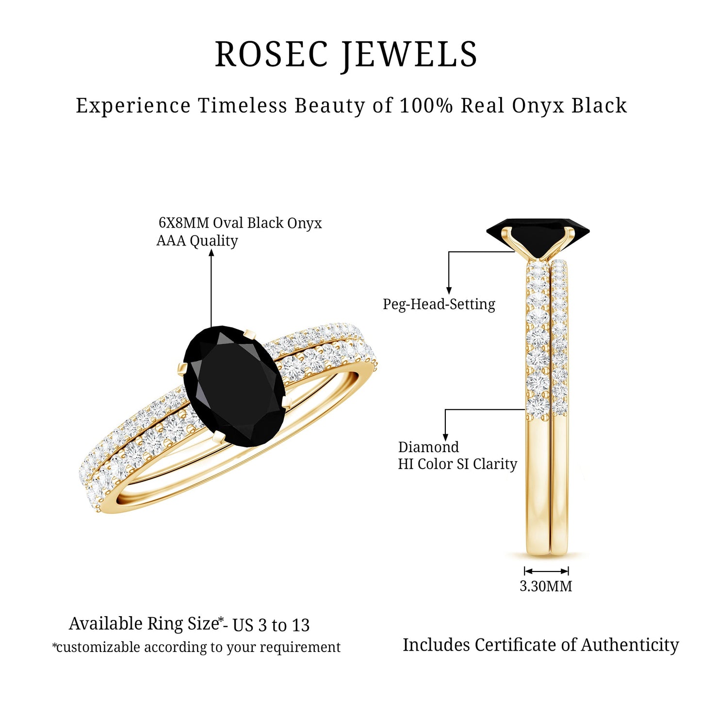 1 Carat Oval Cut Black Onyx Solitaire Rings Set with Diamond Wedding Band