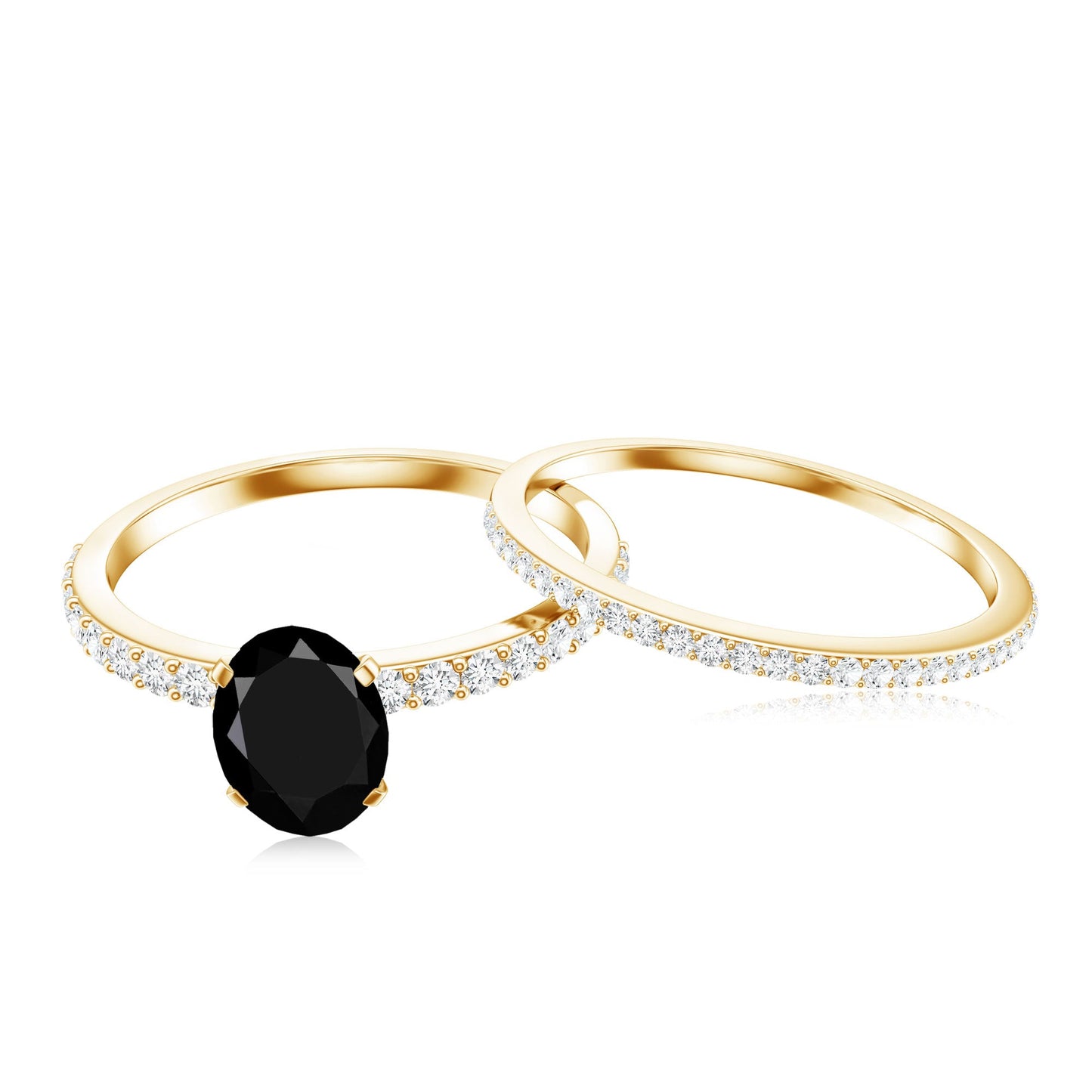1 Carat Oval Cut Black Onyx Solitaire Rings Set with Diamond Wedding Band