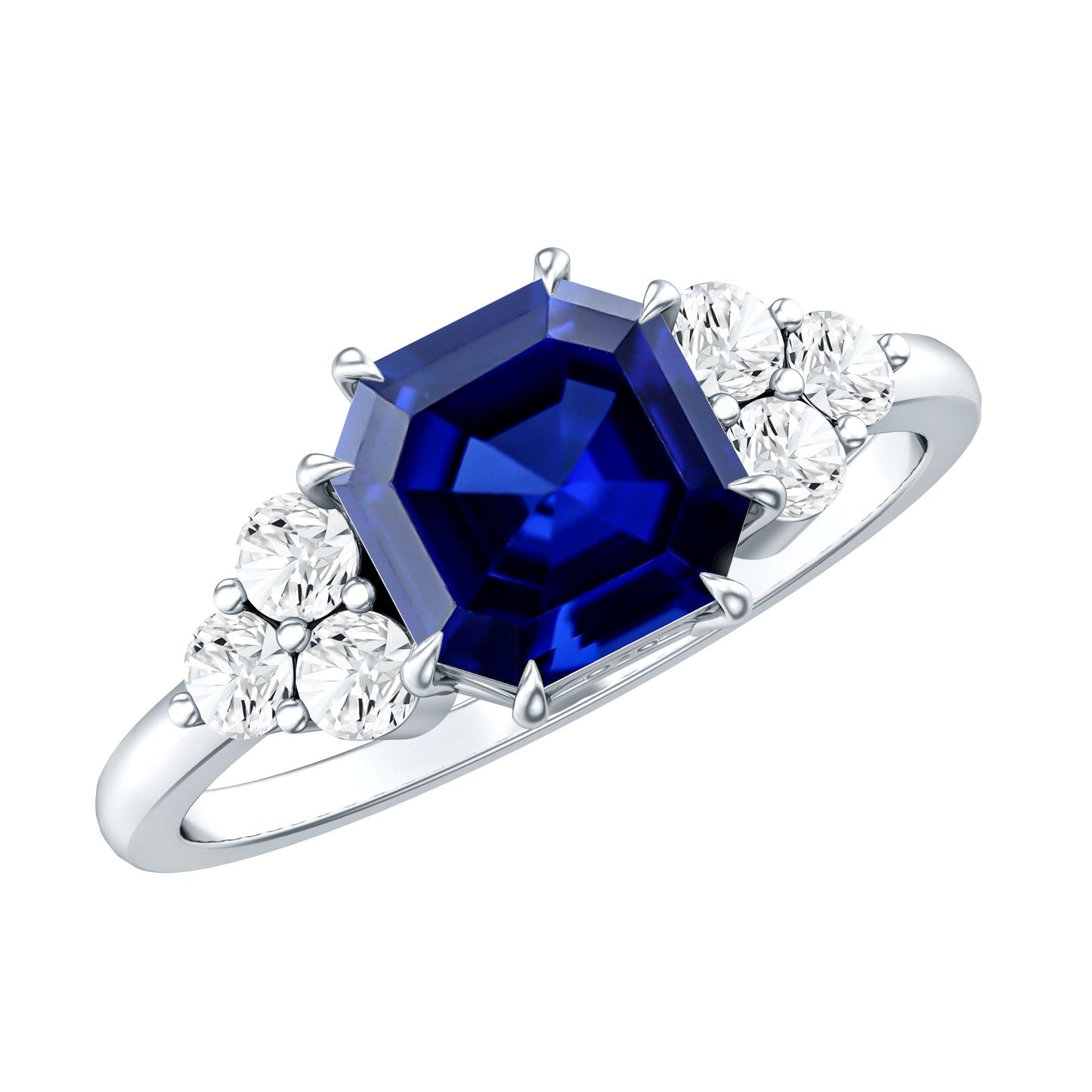 Certified 4.8 Carat Asscher Cut Lab Grown Blue Sapphire Engagement Ring with Diamond Trio