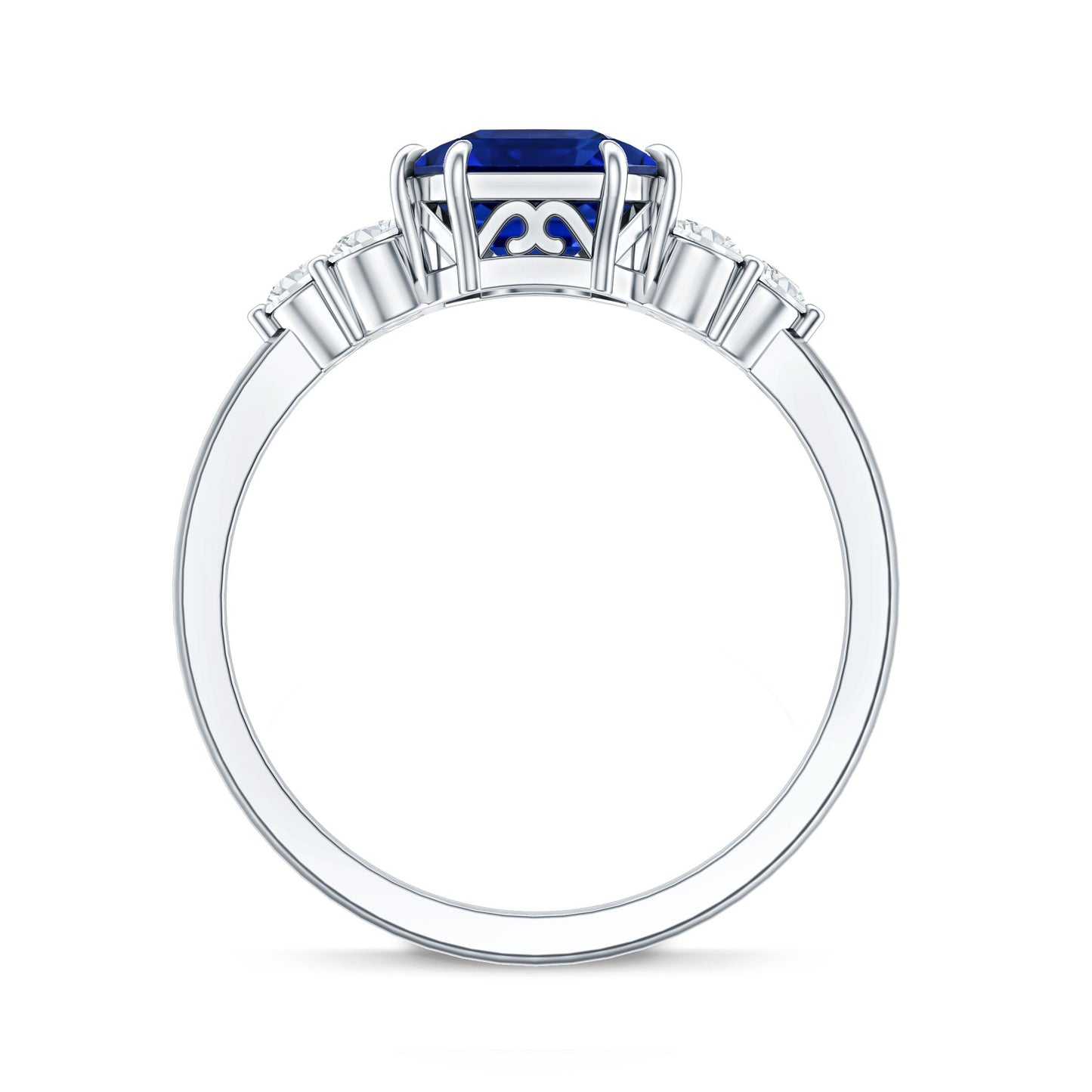 Certified 4.8 Carat Asscher Cut Lab Grown Blue Sapphire Engagement Ring with Diamond Trio