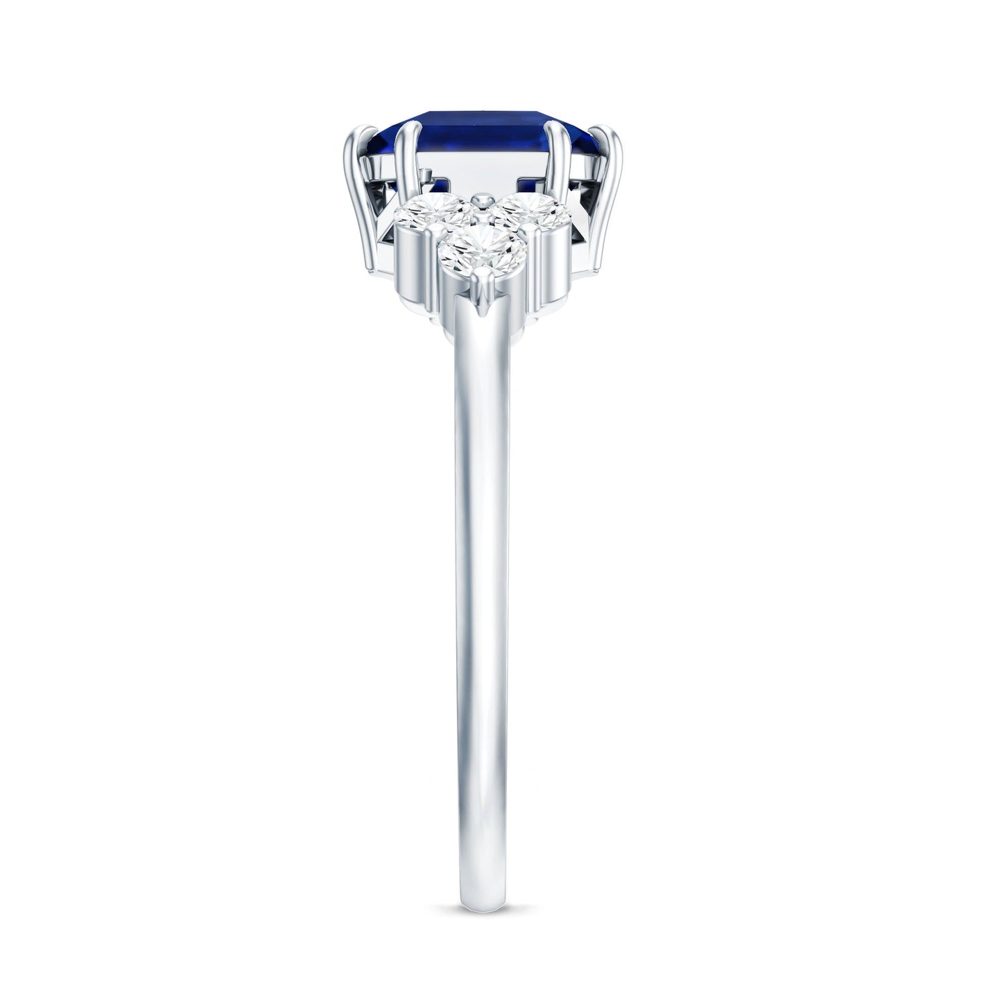 Certified 4.8 Carat Asscher Cut Lab Grown Blue Sapphire Engagement Ring with Diamond Trio