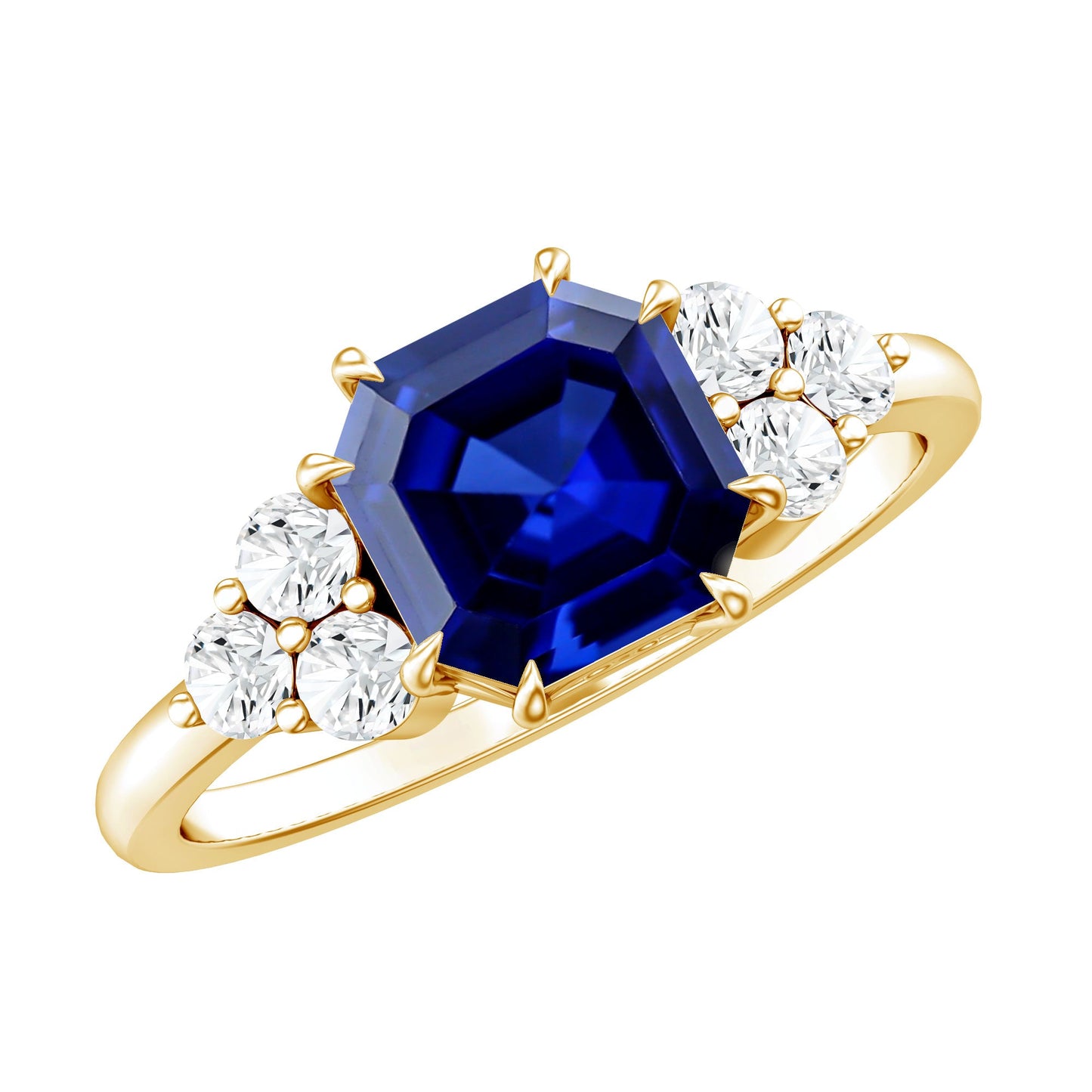 Certified 4.8 Carat Asscher Cut Lab Grown Blue Sapphire Engagement Ring with Diamond Trio