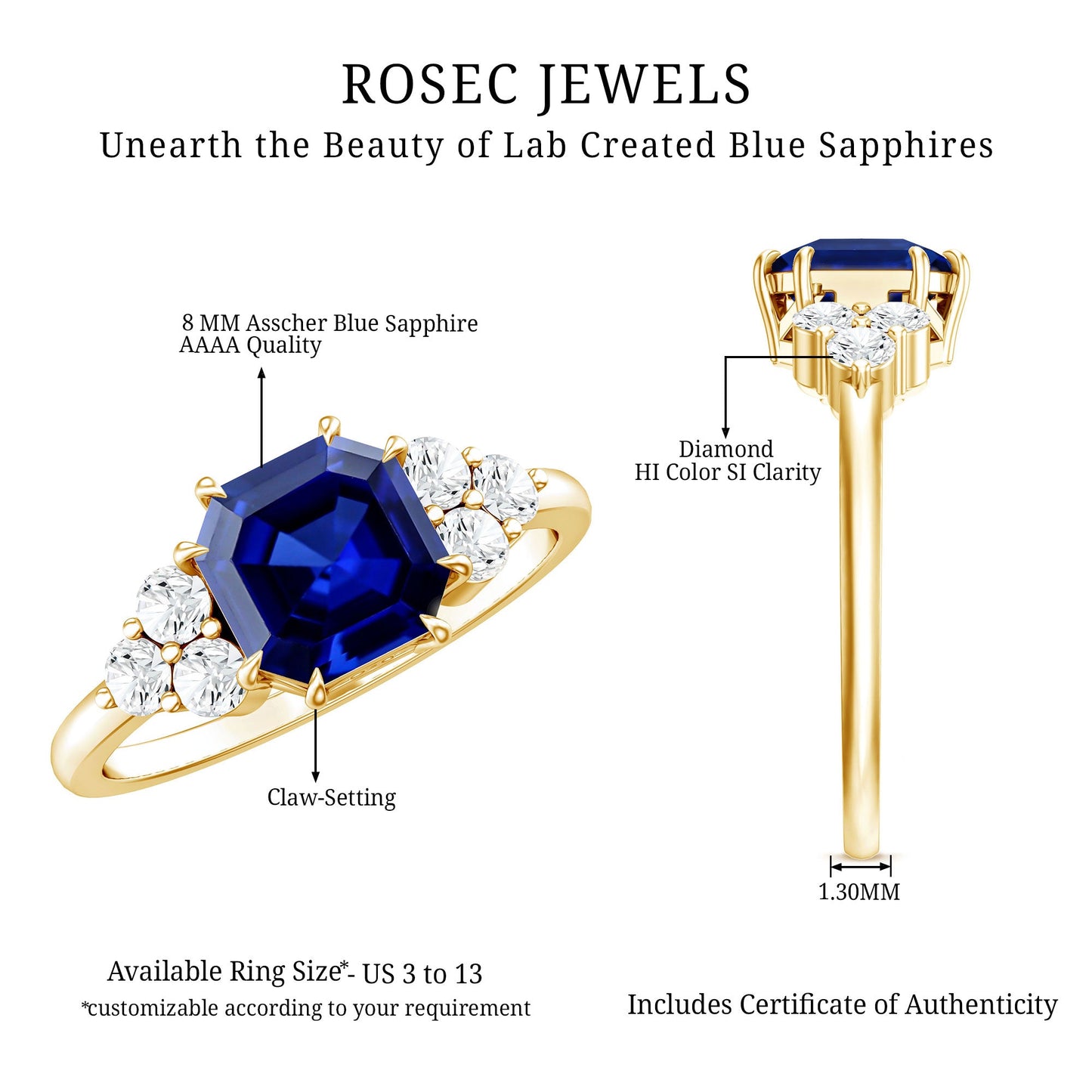Certified 4.8 Carat Asscher Cut Lab Grown Blue Sapphire Engagement Ring with Diamond Trio
