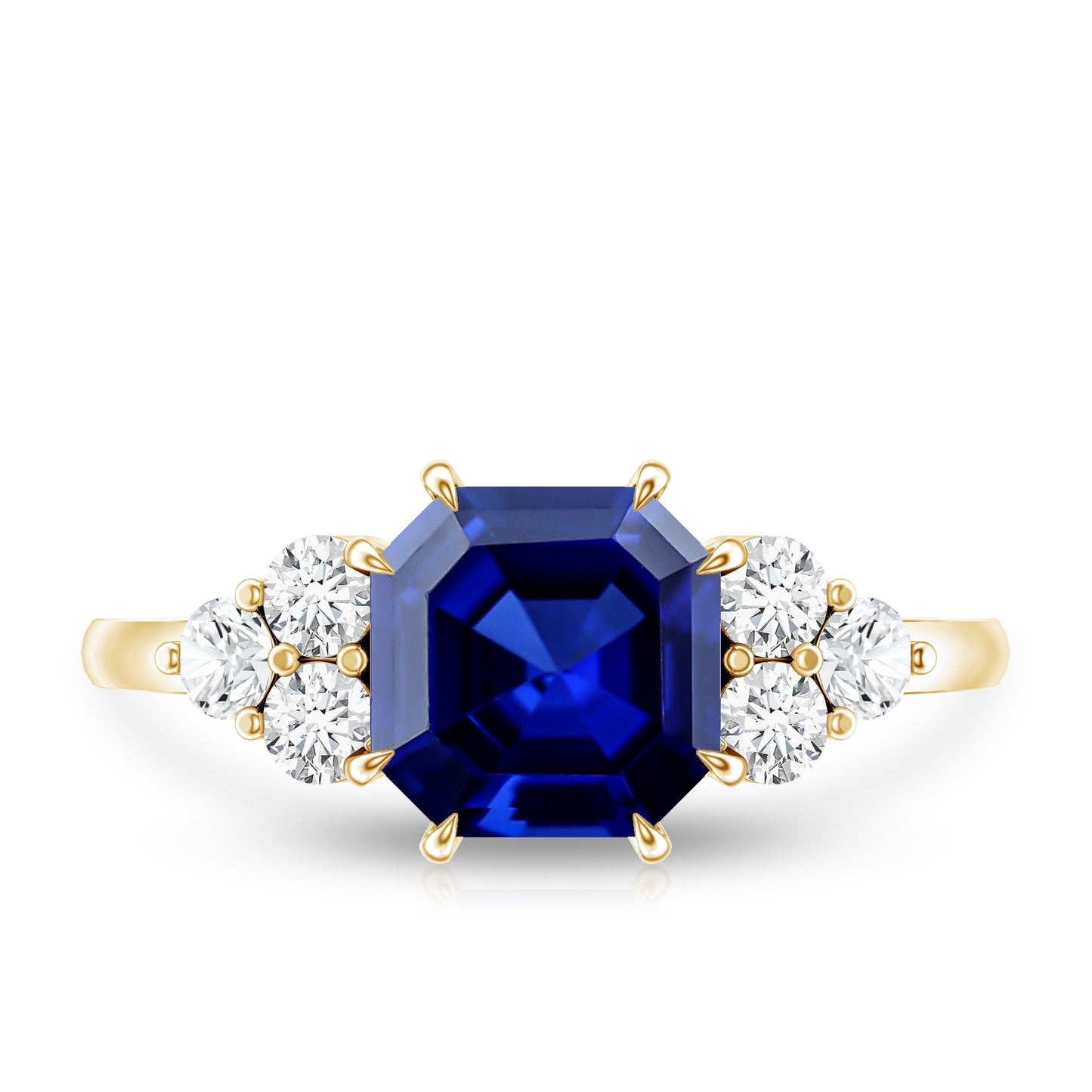 Certified 4.8 Carat Asscher Cut Lab Grown Blue Sapphire Engagement Ring with Diamond Trio
