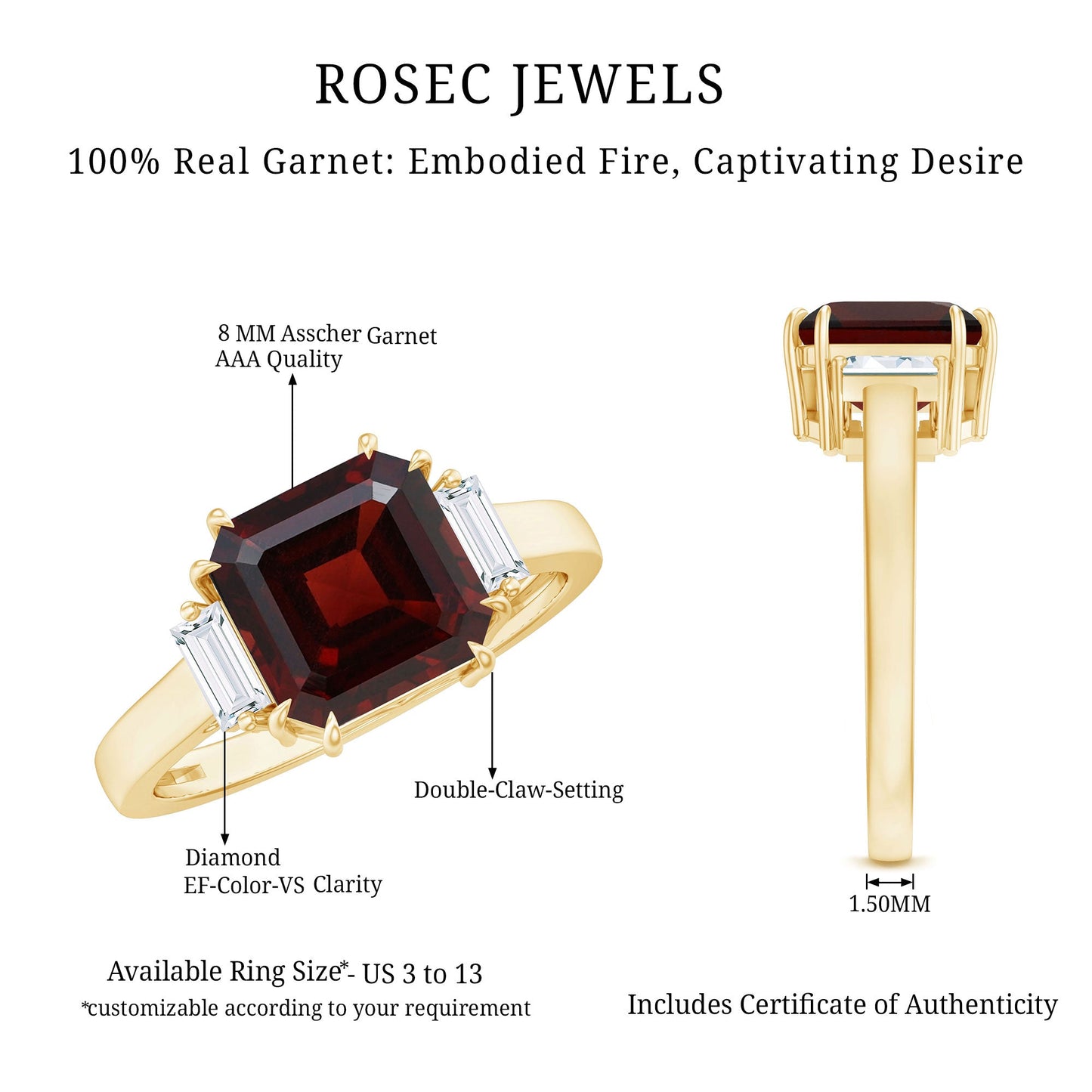 Natural 3.3 Carat Asscher Cut Garnet Engagement Ring with Diamond