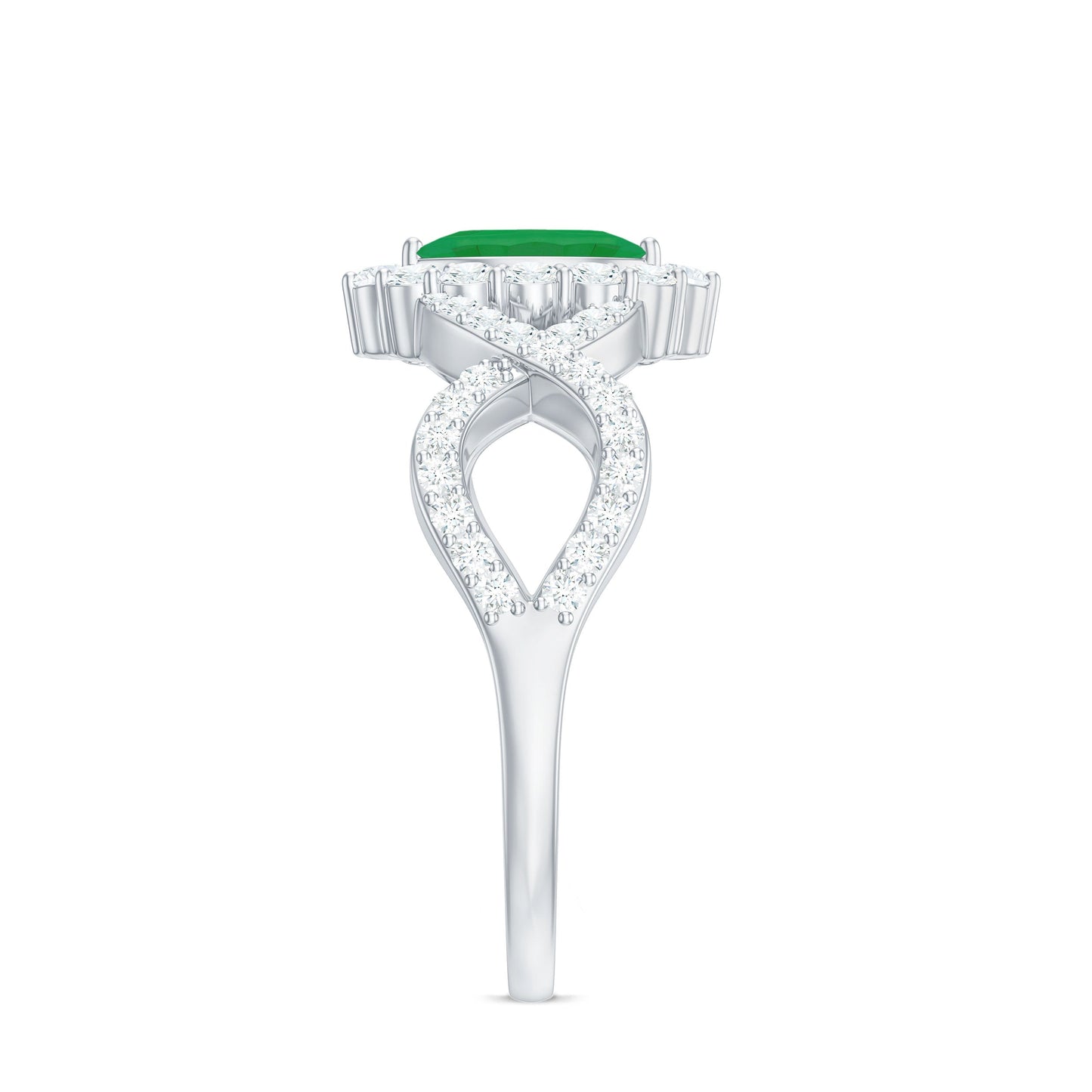 Natural Marquise Emerald Diamond Halo Engagement Ring with Crossover Shank