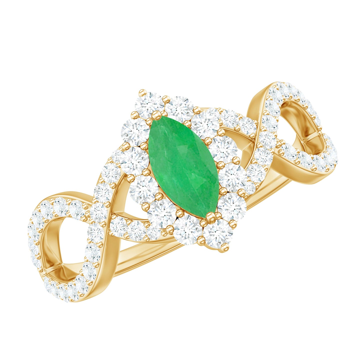 Natural Marquise Emerald Diamond Halo Engagement Ring with Crossover Shank