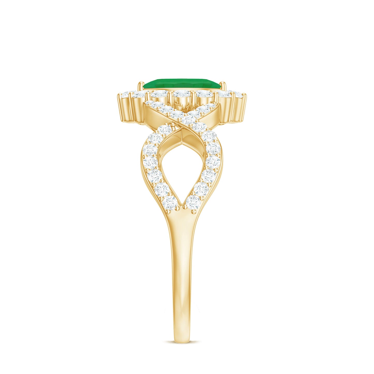 Natural Marquise Emerald Diamond Halo Engagement Ring with Crossover Shank